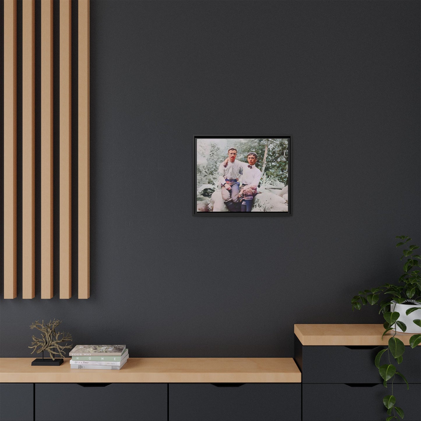 A framed vintage love portrait on matte canvas featuring Grover and Emil in Villamont, Virginia, capturing timeless LGBTQ+ connection and companionship. Gay Couple