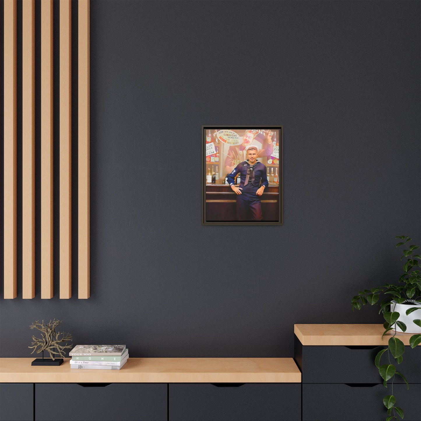 A restored WWII-era portrait of Charles at Brooklyn Navy Yard, New York. This framed matte canvas print captures the resilience and camaraderie of wartime sailors, featuring vintage war bond advertisements and classic Navy charm.