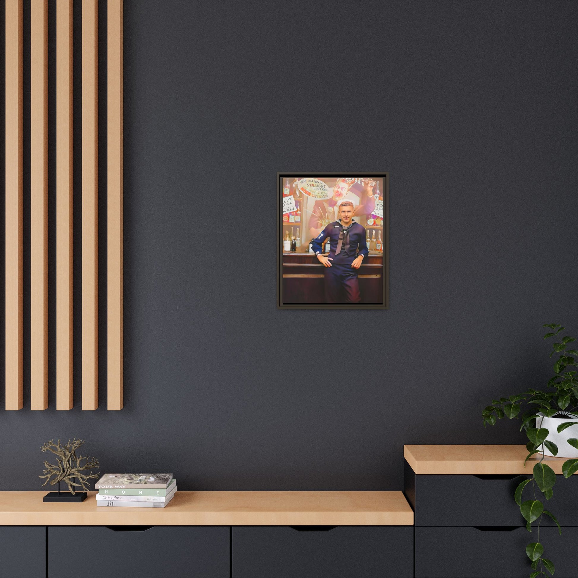 A restored WWII-era portrait of Charles at Brooklyn Navy Yard, New York. This framed matte canvas print captures the resilience and camaraderie of wartime sailors, featuring vintage war bond advertisements and classic Navy charm.