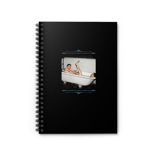 Spiral notebook with black cover featuring a playful restored photo of two men in a clawfoot bathtub