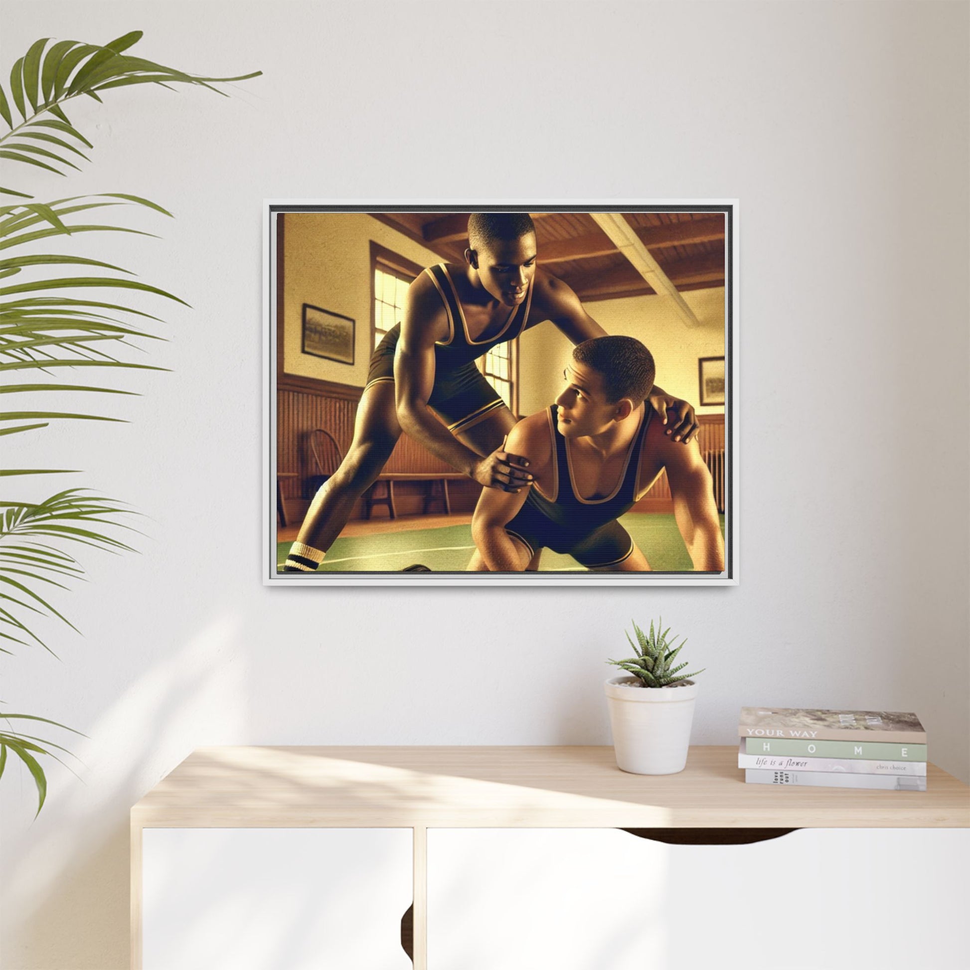 Framed canvas artwork inspired by Grant Wood featuring African-American and European-American wrestlers in a vintage gymnasium. A tribute to unity, diversity, and regionalist art.