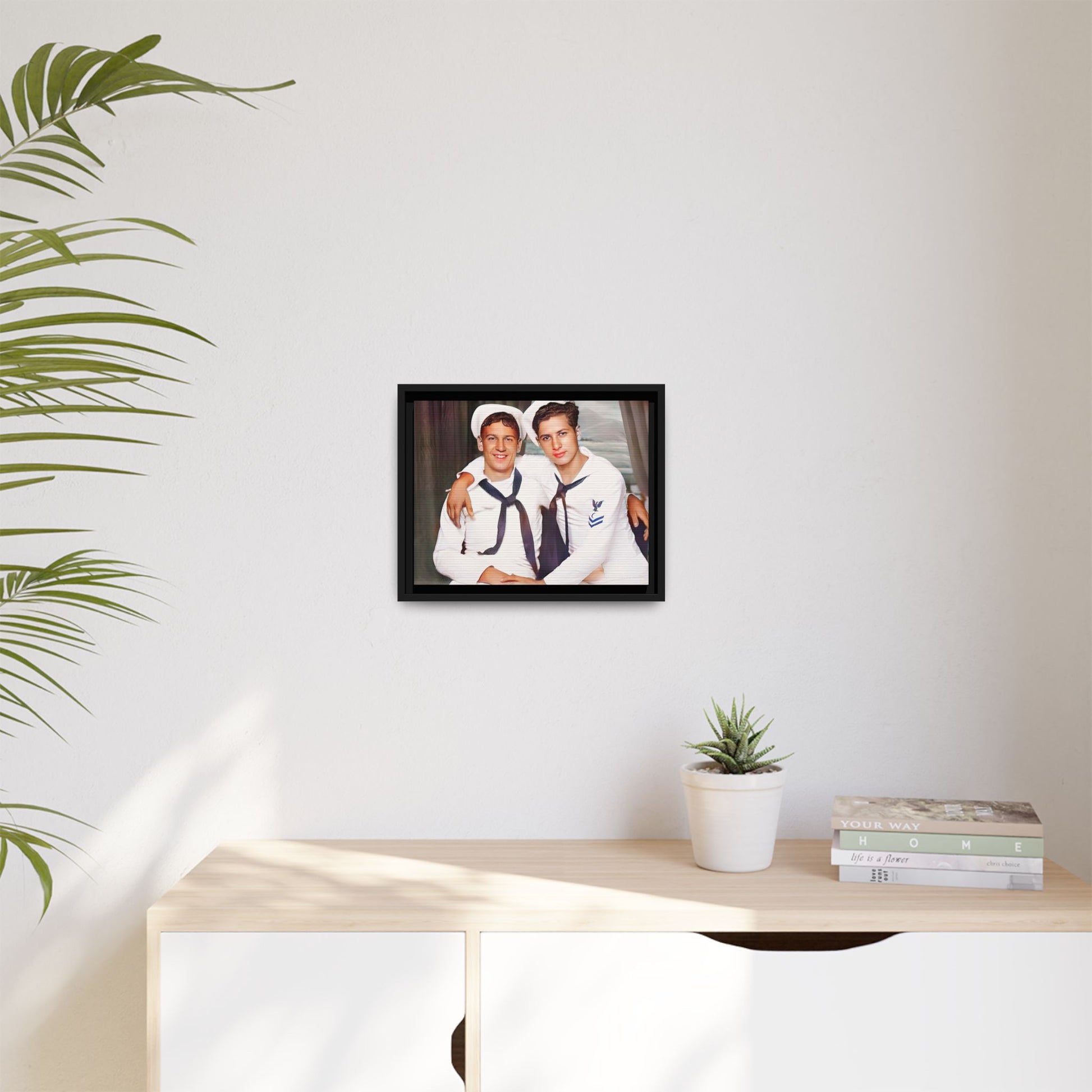 A restored vintage Navy portrait of Kenny and William at Fort Lee, Virginia. This framed matte canvas print honors military camaraderie, resilience, and LGBTQ+ history with a timeless tribute to friendship and love. Gay Couple Sailors Navy