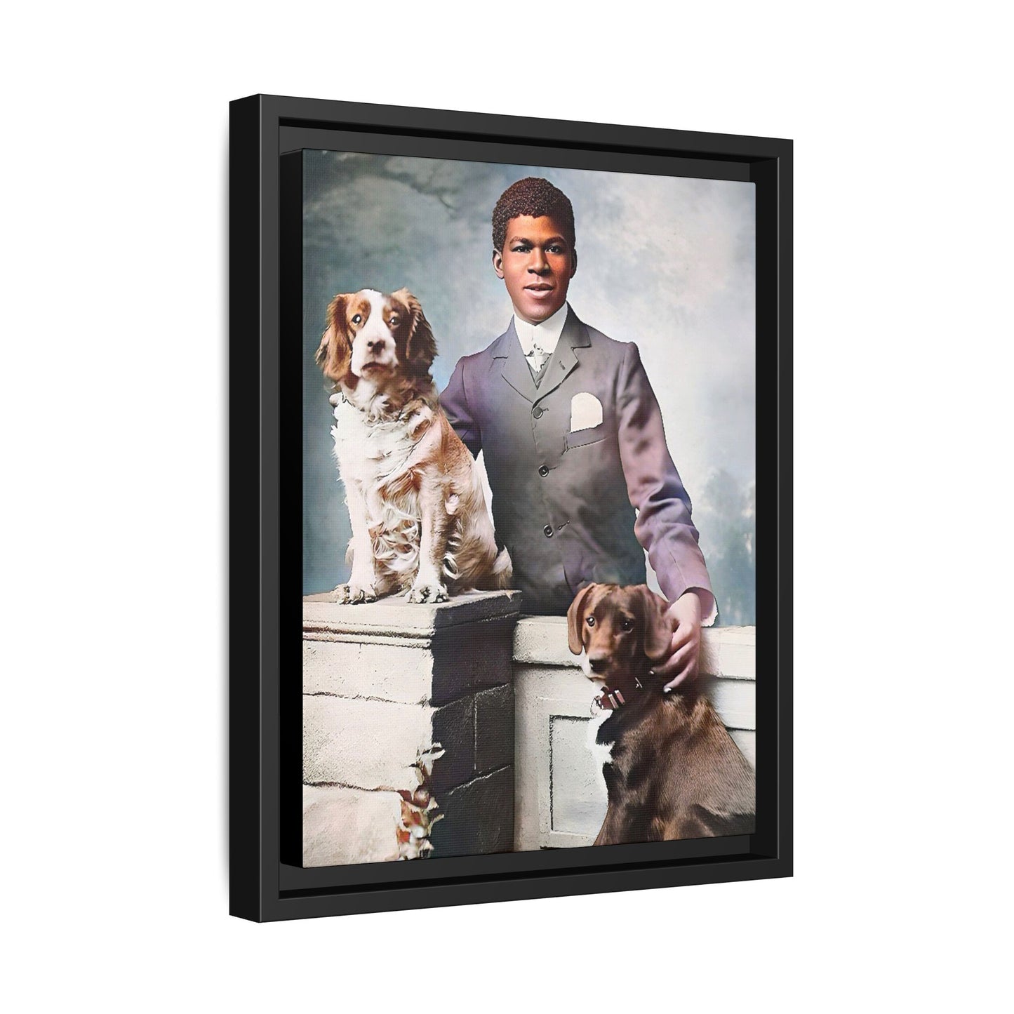 A restored vintage portrait of Marcus with his dogs, Buster and Ellis, in Charlotte, North Carolina. This framed matte canvas print captures the elegance of Southern charm and the enduring bond between a man and his loyal companions. Vintage Dog Portrait