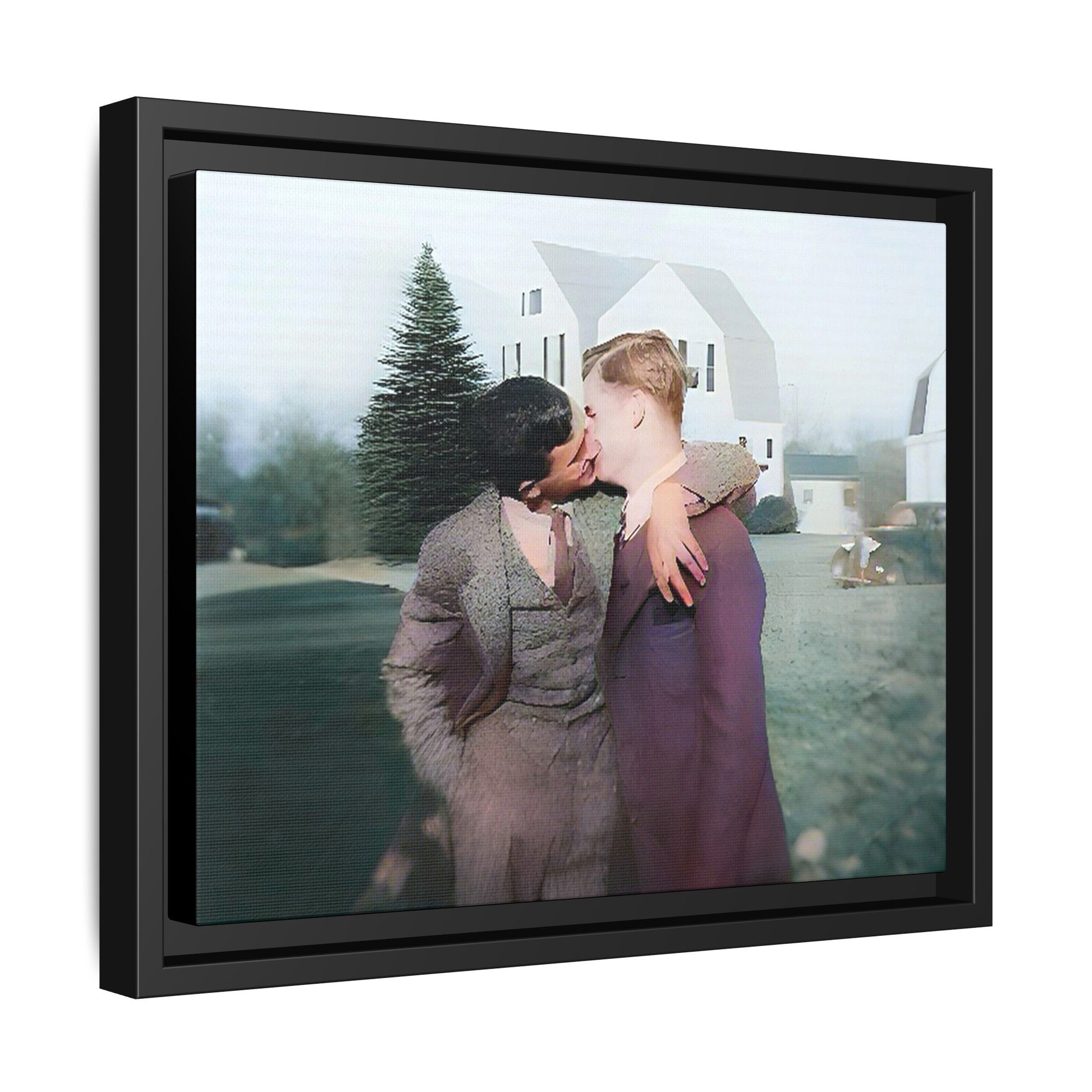 A vintage LGBTQ+ portrait of Milton & Shawn in Londonderry, NH. This framed matte canvas captures a timeless moment of love and resilience, making it a perfect piece for collectors, history enthusiasts, and those celebrating love in all forms. Gay Couple Art