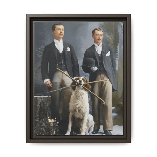 Early 20th century studio photograph with dog, bowler hat, and formal clothing