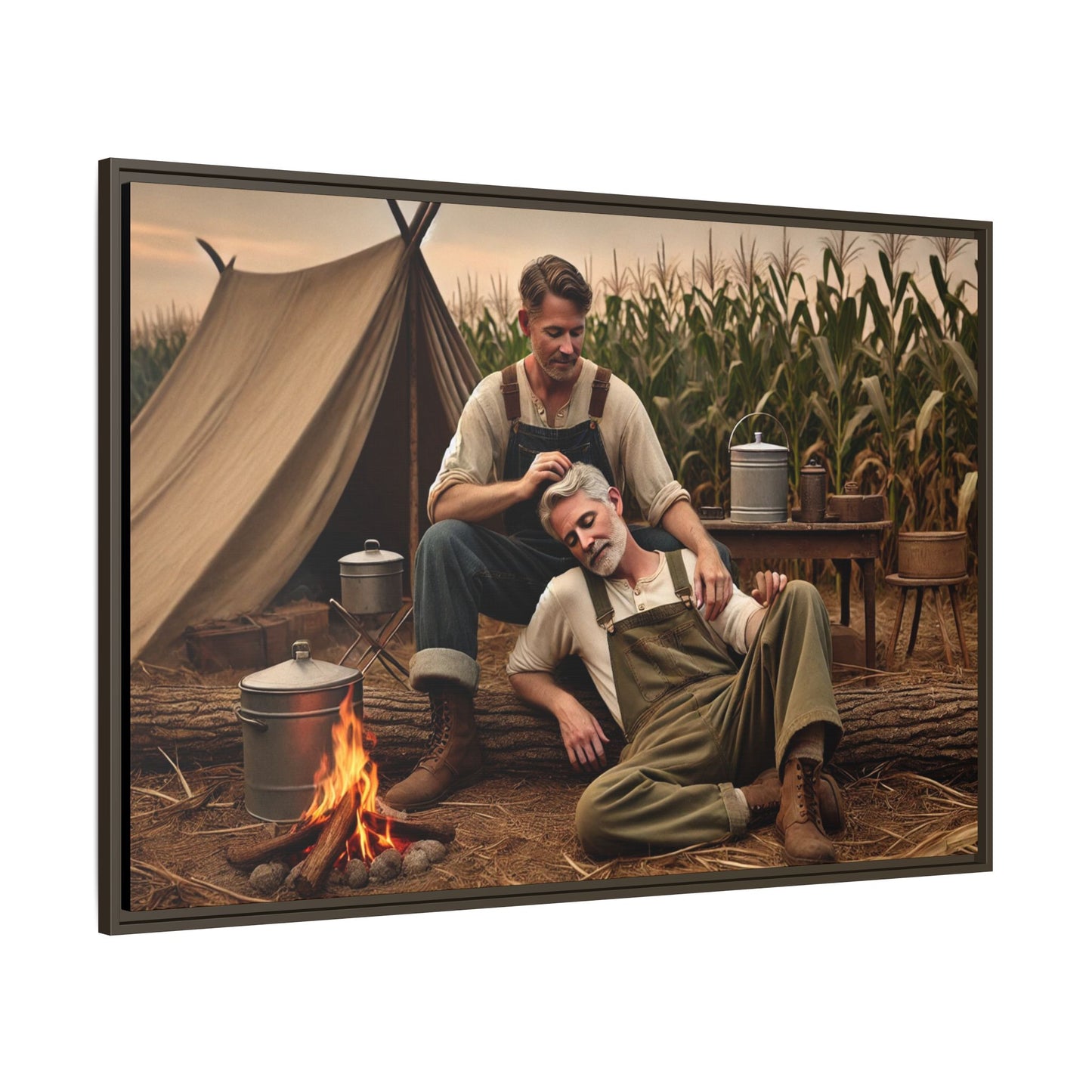 Older queer couple sharing a tender moment by the campfire, celebrating love