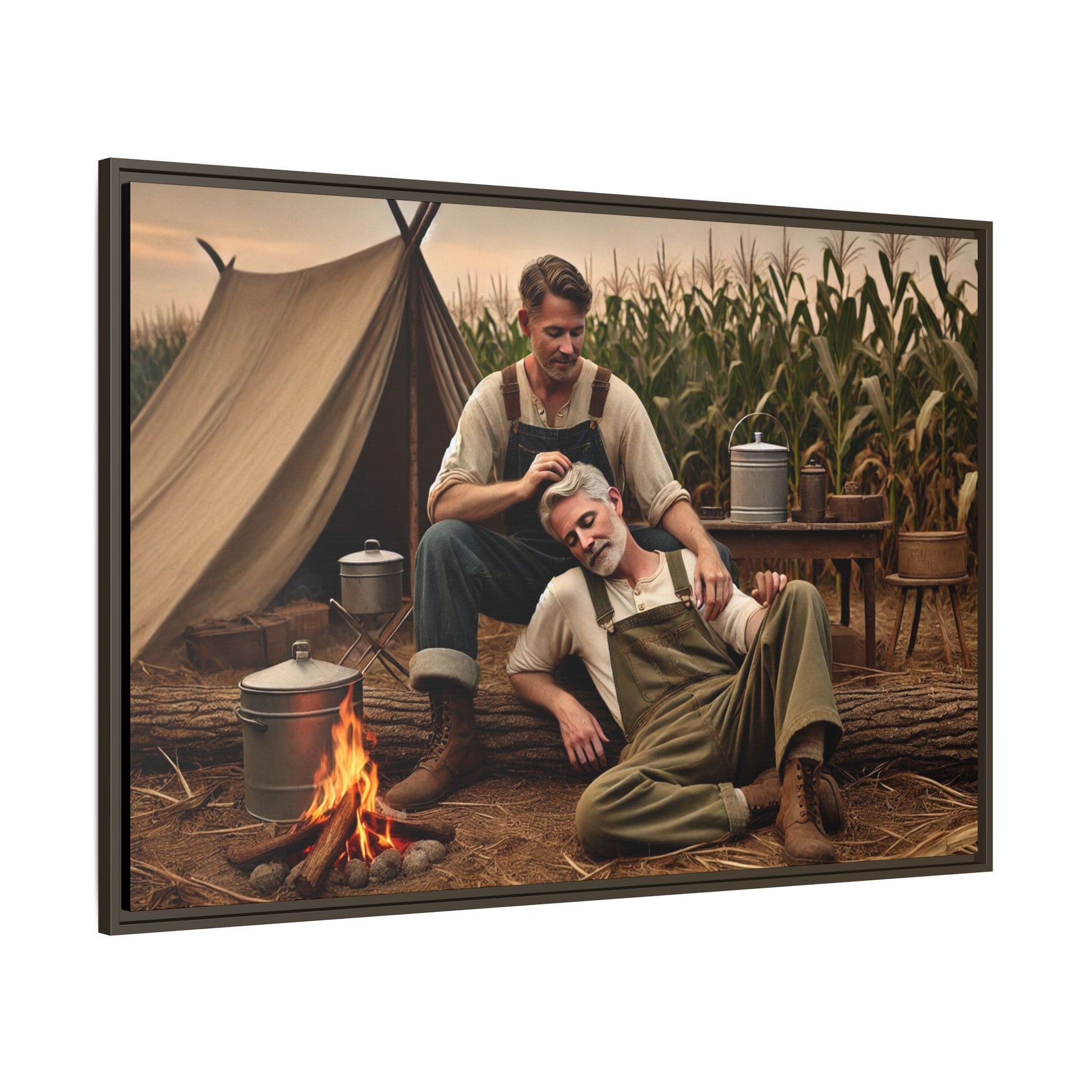 Older queer couple sharing a tender moment by the campfire, celebrating love