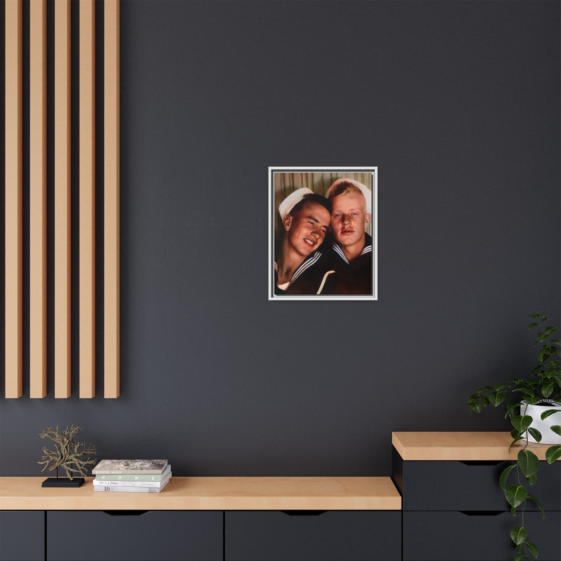 A framed vintage sailor portrait on matte canvas featuring Ray and Clyde in Newport, Rhode Island, capturing timeless LGBTQ+ love and companionship. Gay Couple Photo Booth