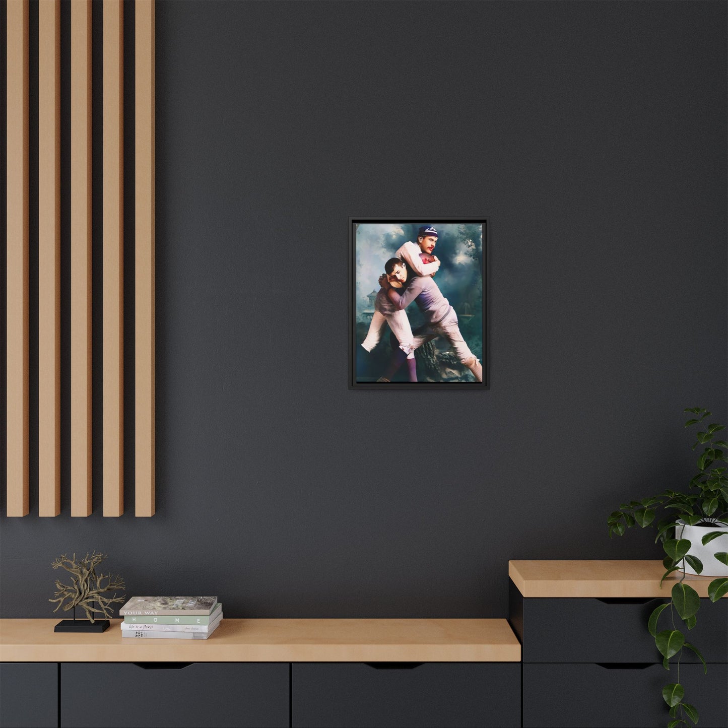 A framed vintage sports portrait on matte canvas featuring Theodore and Patrick in Chapel Hill, North Carolina, capturing timeless strength, camaraderie, and connection.