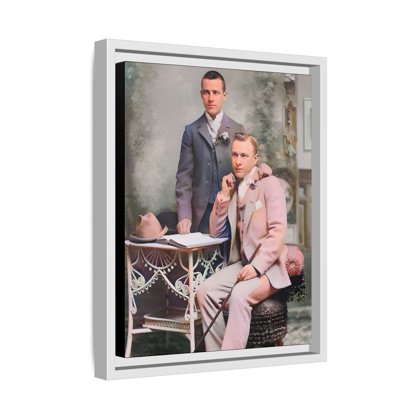 Restored early 1900s photo of Walt and Dewey in tailored suits, posed elegantly in Kansas City, celebrating LGBTQ+ love and resilience, framed as wall art. Gay Coup