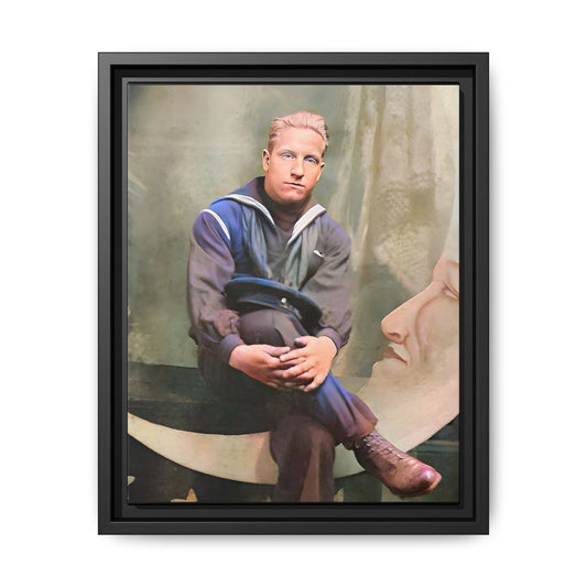 A vintage U.S. Navy sailor portrait featuring Jacob in uniform with a crescent moon backdrop. This framed matte canvas print is a timeless tribute to naval service, ideal for military history collectors, veterans, and nautical decor lovers. Art Deco Paper Moon Prop
