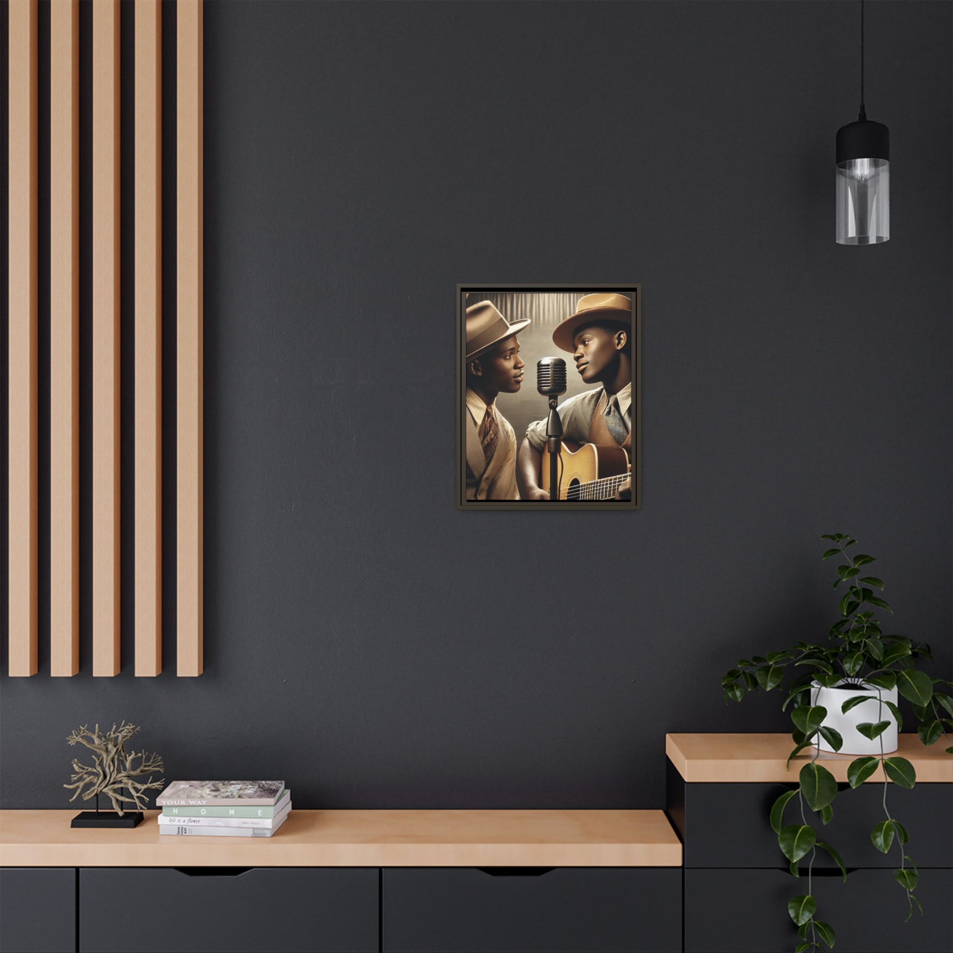 Artwork of an African-American gay couple recording a song in a 1930s-style studio. Dressed in vintage attire with fedoras and ties, they share a close, tender moment around a classic microphone, capturing love, music, and cultural heritage in a nostalgic setting