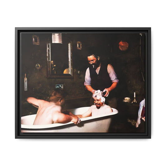 Restored vintage photo of camaraderie at Walsh Depot, Battle Mountain, NV, featuring a clawfoot tub, and framed canvas art. Naked Men in the bathtub. Gay Bears