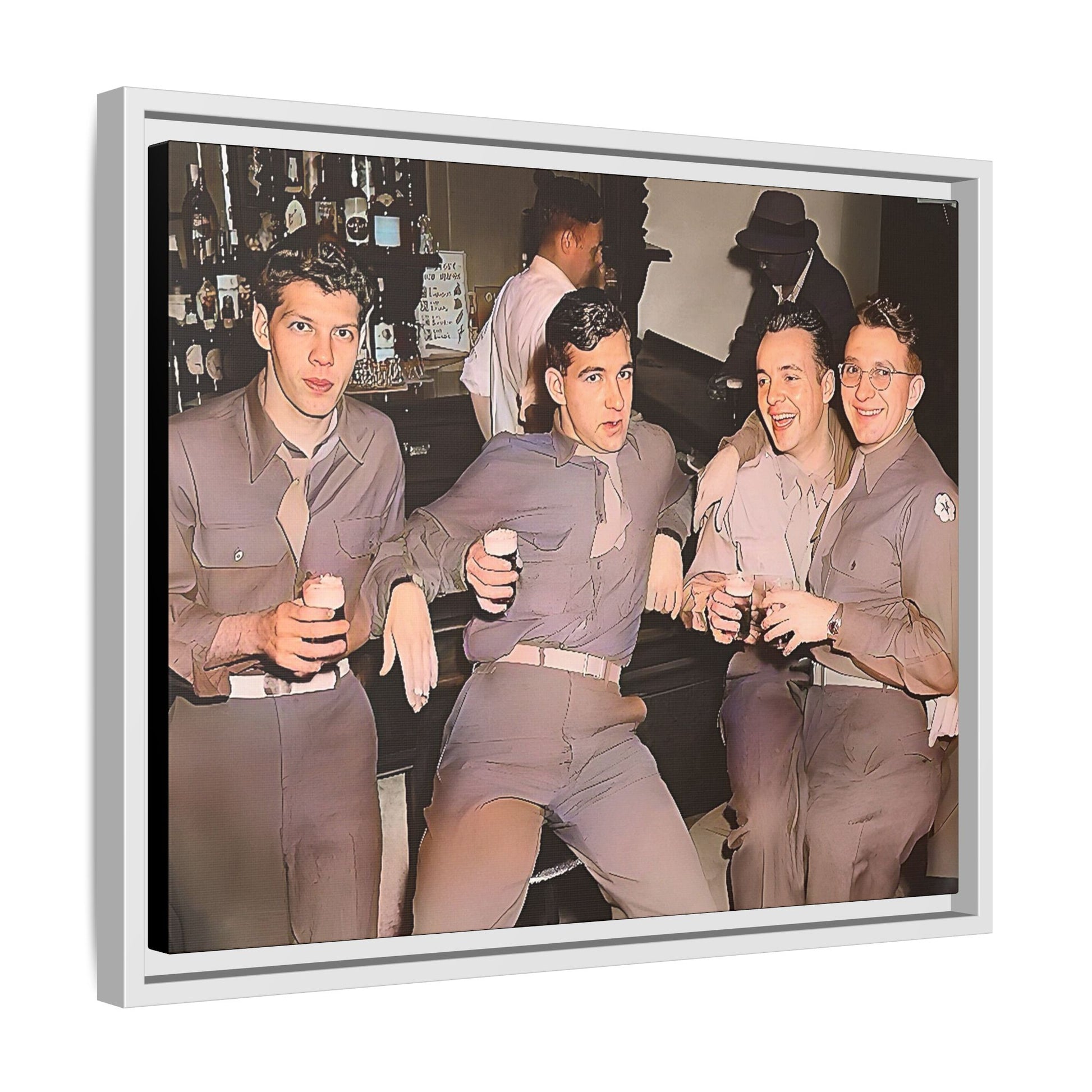 Restored vintage photograph of soldiers in uniform gathered at Jackson's gay bar in mid-20th century San Francisco. Framed matte canvas print celebrating camaraderie, resilience, and LGBTQ+ history