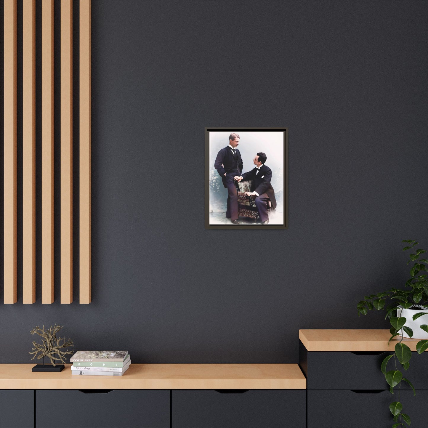 A beautifully restored vintage portrait of Ernest & Richard in Wilmington, North Carolina, exuding elegance and deep connection. Dressed in refined suits, their poised expressions capture a timeless LGBTQ+ love story, making this framed matte canvas print a stunning historical art piece for collectors and enthusiasts.