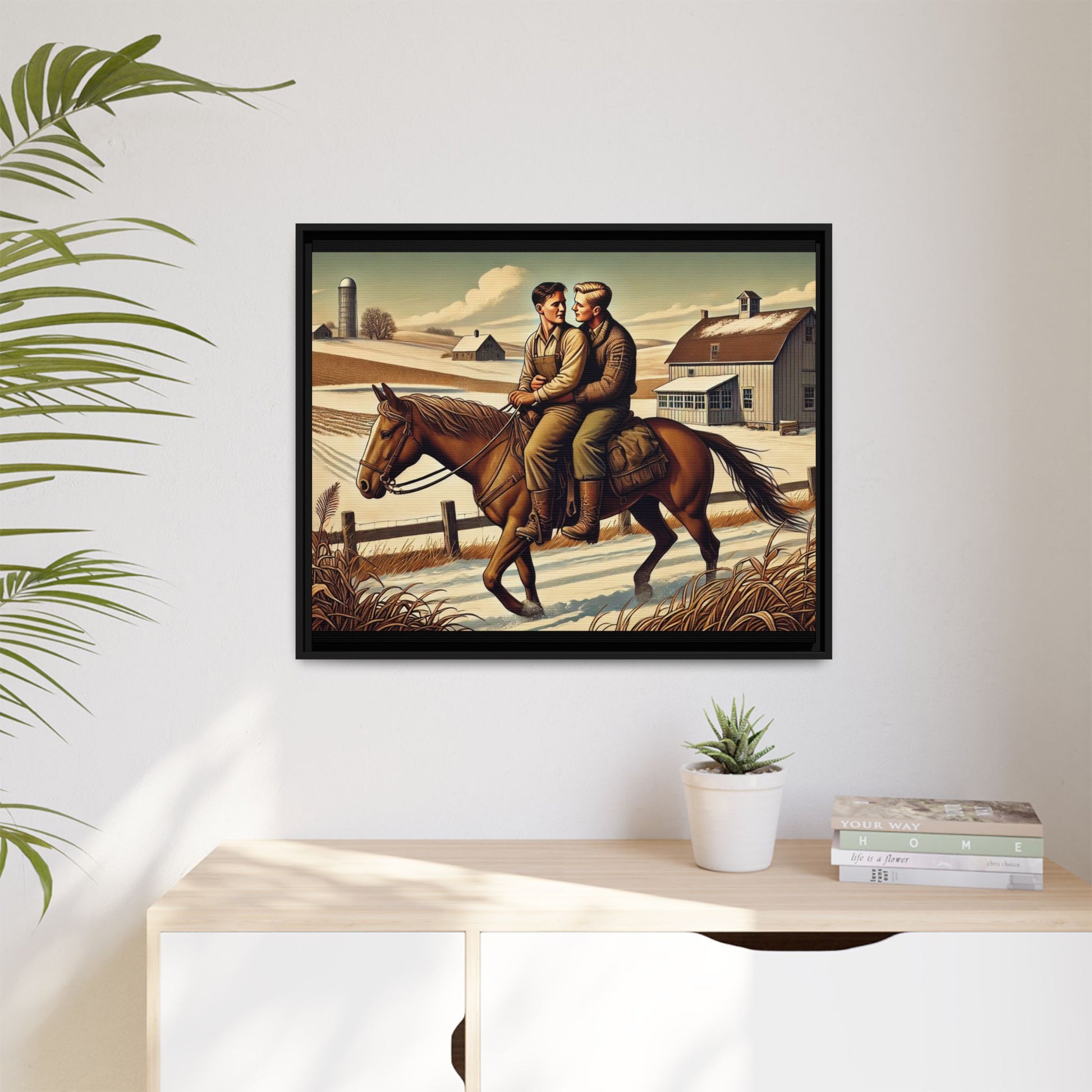Artwork of a gay couple sharing a tender moment while seated together on a single horse in a snowy, rural Midwestern landscape. Dressed in early 20th-century attire, the men gaze at each other warmly, capturing love, resilience, and companionship in a serene 1930s-inspired American scene