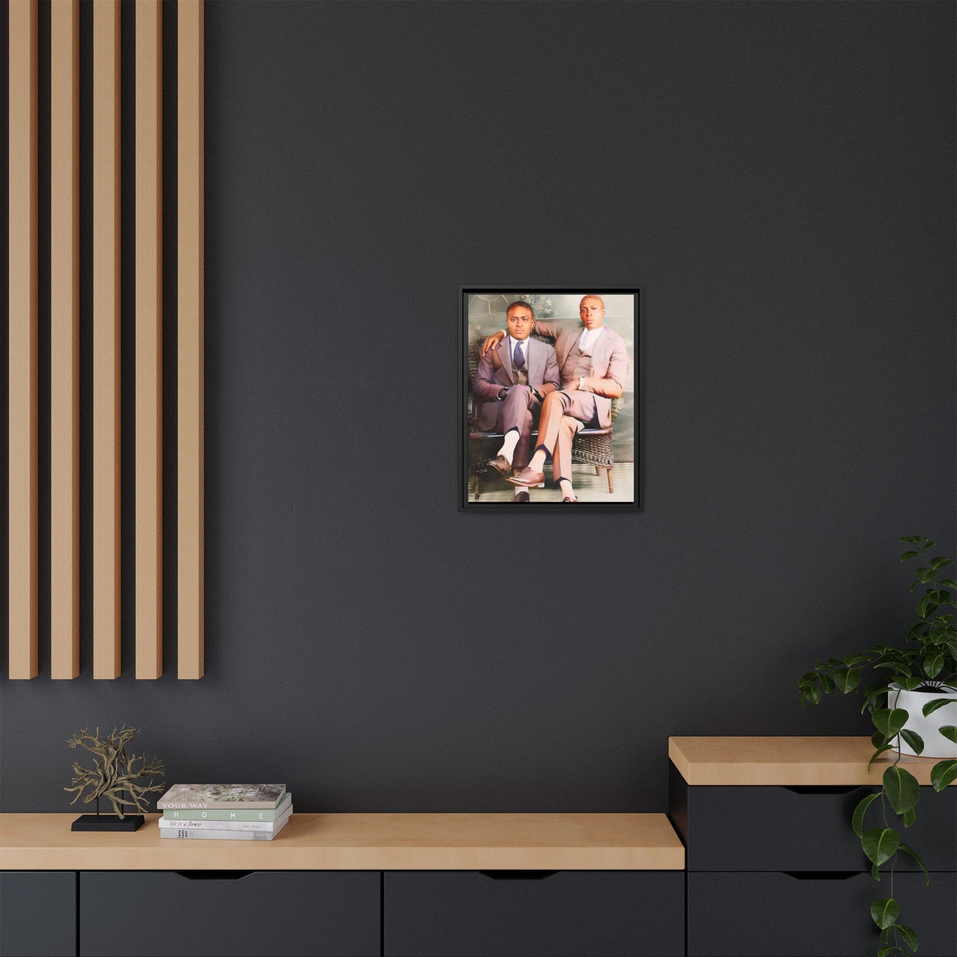 Restored vintage portrait of Walter & George, an African American gay couple seated in Birmingham AL, framed canvas art. Gay Juneteenth Black Love History Month