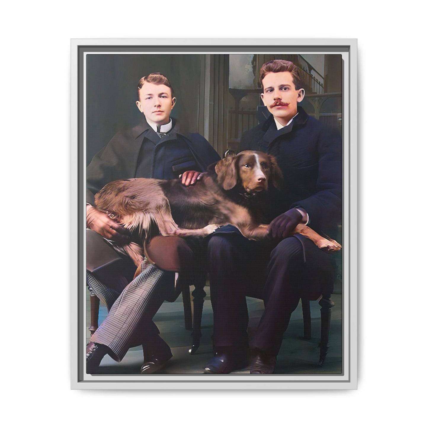 A beautifully restored 1930s black-and-white photograph featuring Clarence and Raymond seated in a stately New England home, with their beloved dog Luna resting comfortably across their laps. Dressed in refined coats and classic trousers, the couple exudes love, companionship, and timeless elegance, reflecting a warm and historic moment of LGBTQ+ history. Gay Couple