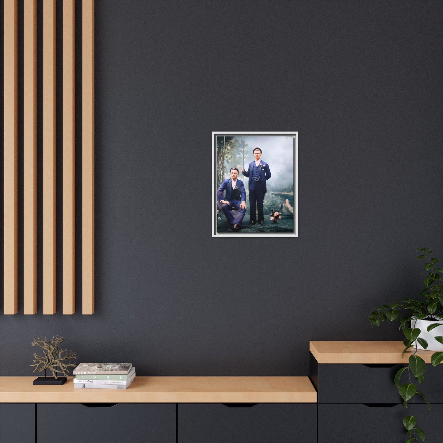 A restored vintage portrait of David & Earnest in Monongahela City, Pennsylvania. This framed matte canvas honors LGBTQ+ history, elegance, and enduring love. Gay Couple