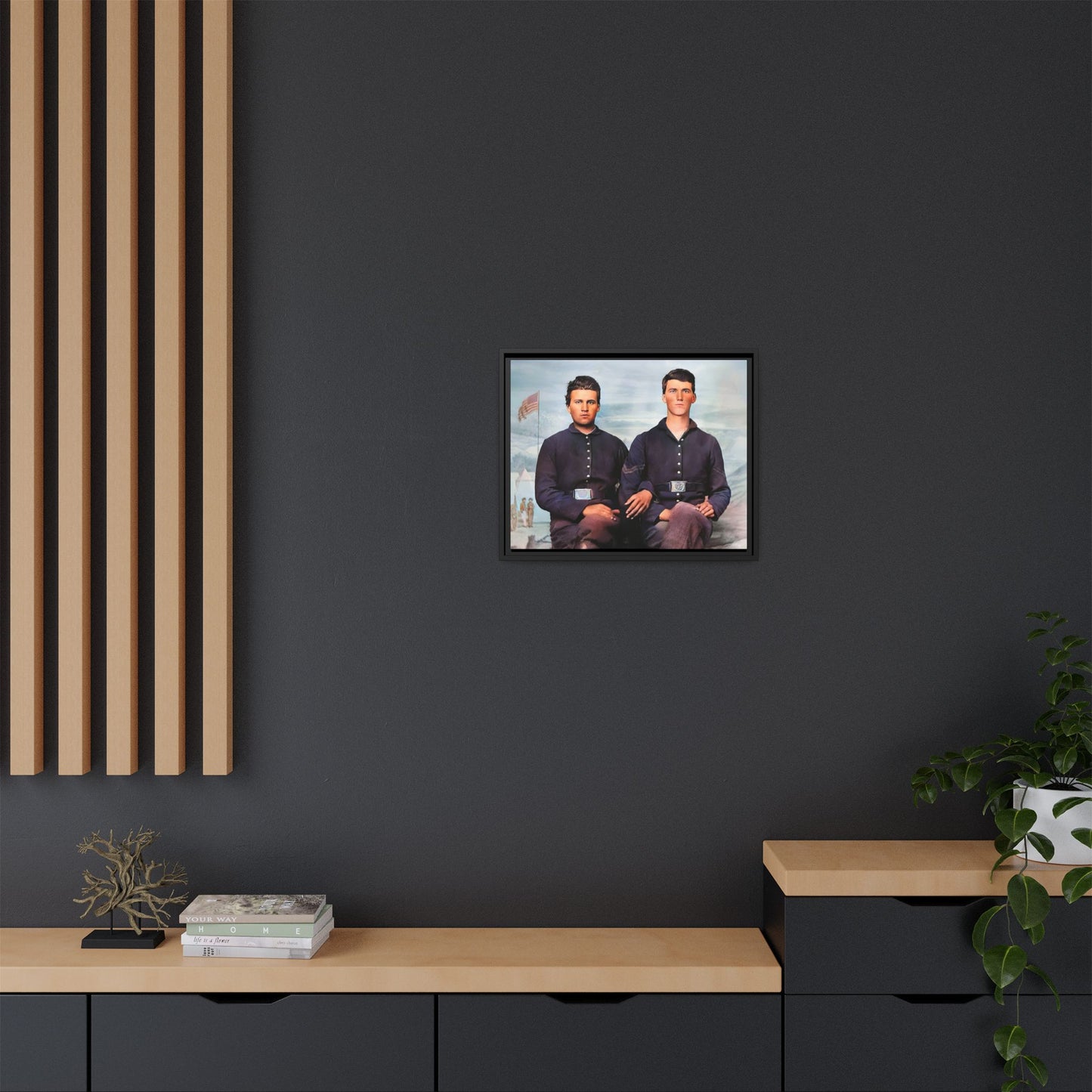 A framed vintage Civil War photo on matte canvas featuring two Union soldiers at Camp Curtin, honoring military history. Gay Couple