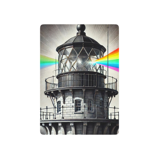 Be The Beacon Poker Cards featuring a lighthouse casting vibrant rainbow beams, symbolizing LGBTQ+ pride & resilience.