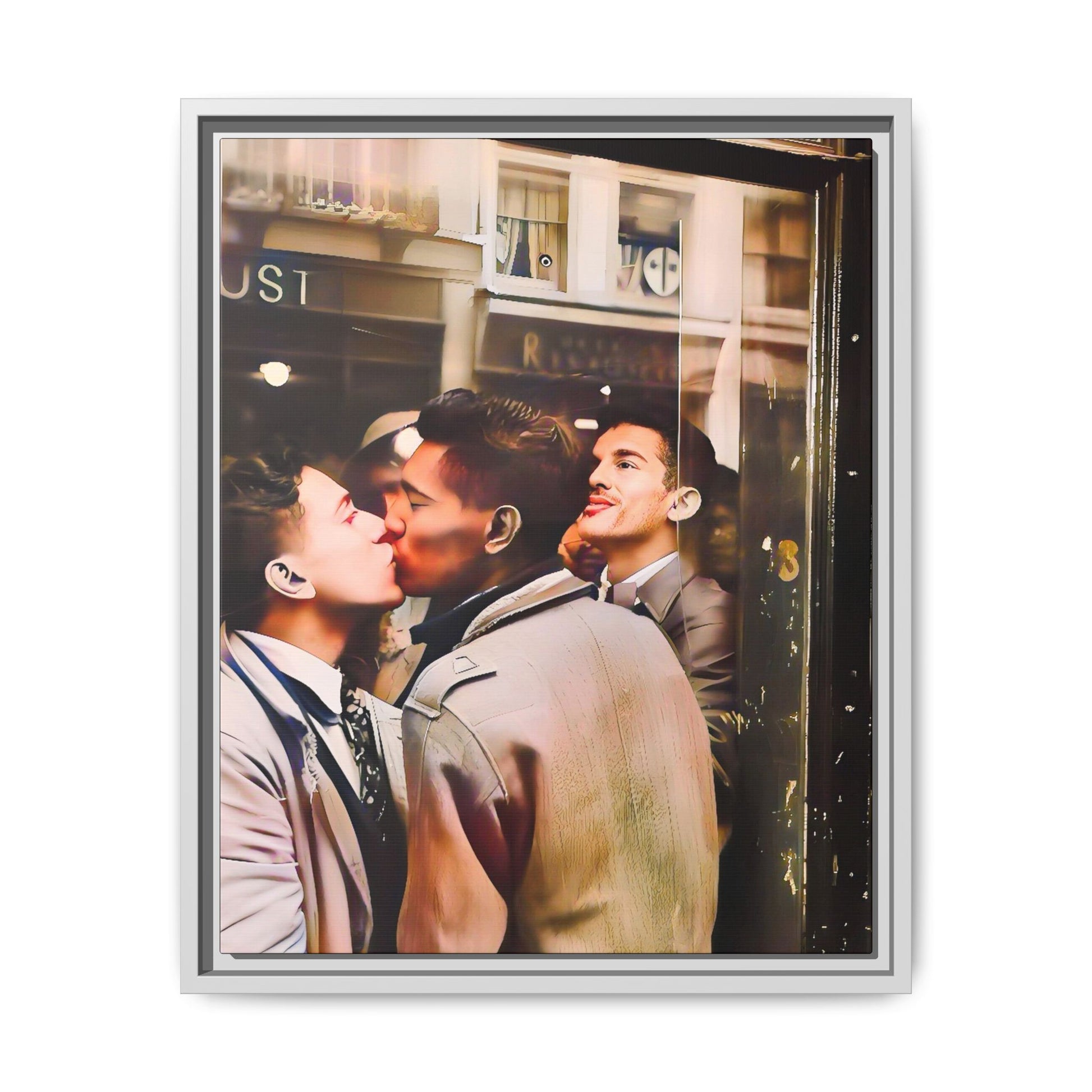A restored 1950s LGBTQ+ couple portrait of Alejandro & Lorenzo at Mayfair Bar, NYC. A romantic queer history print on matte canvas, capturing love, resilience, and authenticity in a vibrant nightlife setting.