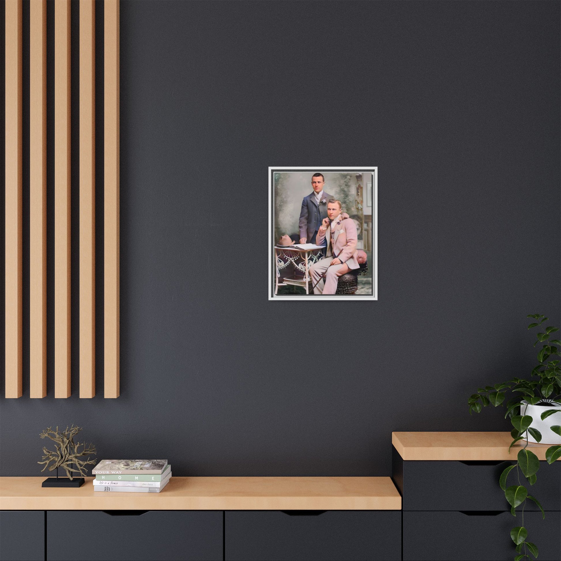 Restored early 1900s photo of Walt and Dewey in tailored suits, posed elegantly in Kansas City, celebrating LGBTQ+ love and resilience, framed as wall art. Gay Coup
