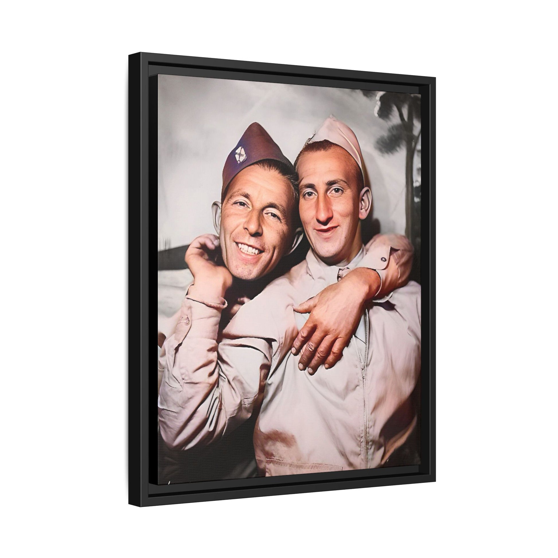 A framed vintage photo on matte canvas featuring a heartfelt portrait of a military couple at Fort Jackson, South Carolina, celebrating love and resilience in history.