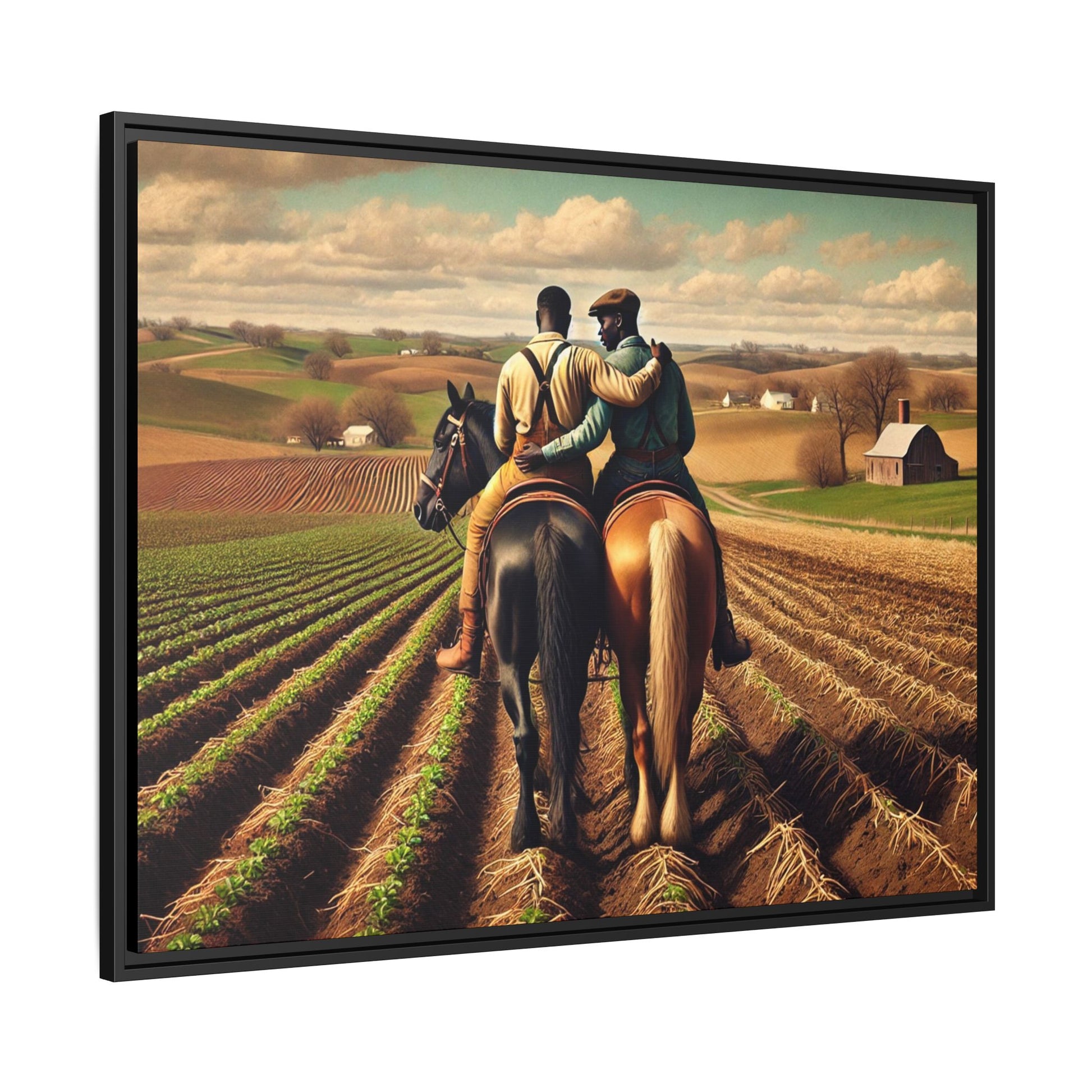 Artwork of an African-American gay couple riding horseback through expansive farmland, sharing a tender moment as they overlook lush fields. Dressed in rugged vintage attire, this scene captures resilience, love, and the charm of rural life, celebrating LGBTQ+ history and African-American heritage.