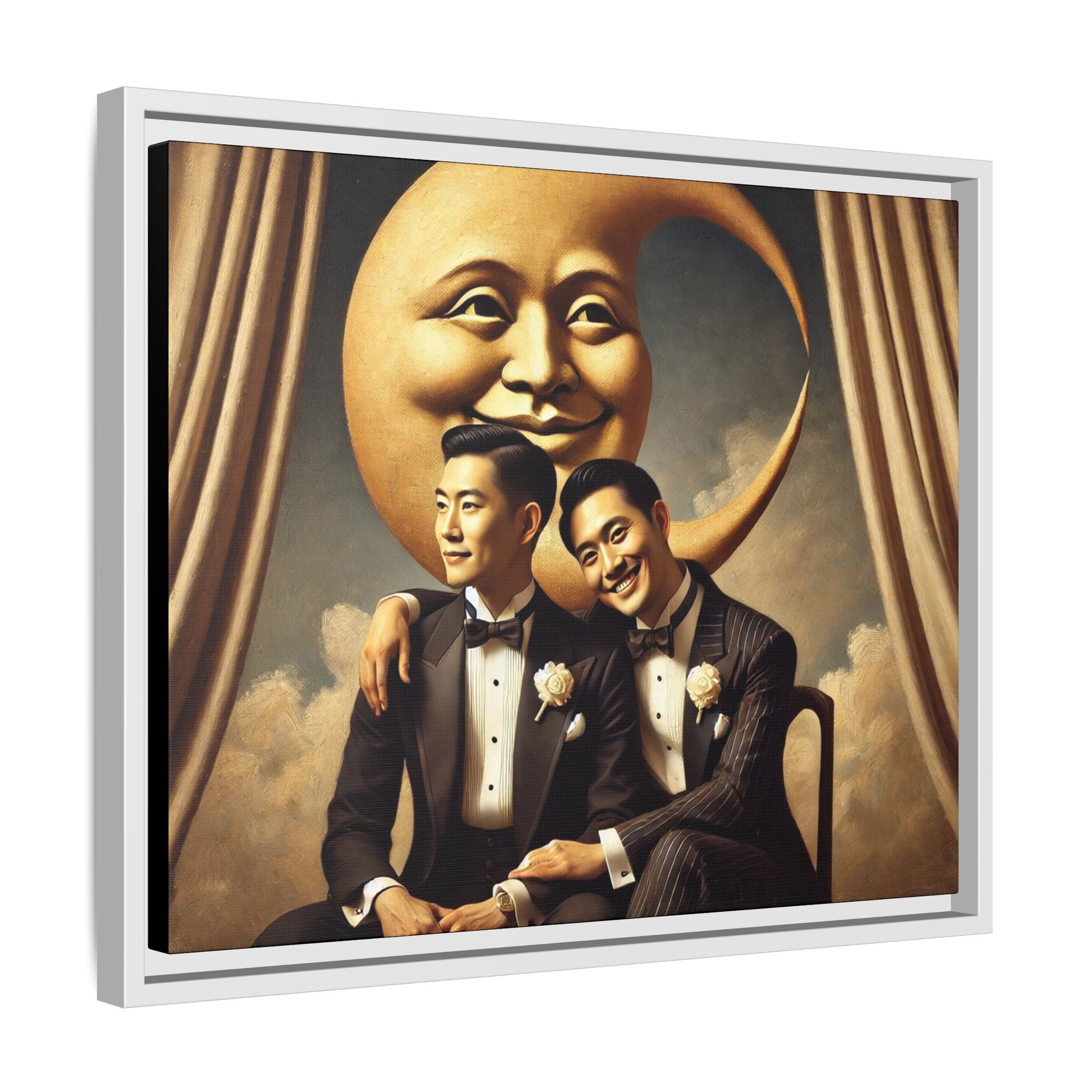 Vintage-inspired artwork of a romantic gay Asian couple in tuxedos sitting affectionately beneath a smiling crescent moon prop, surrounded by vintage stage curtains and dreamy clouds. A reclaimed queer narrative from the Man In The Moon series.