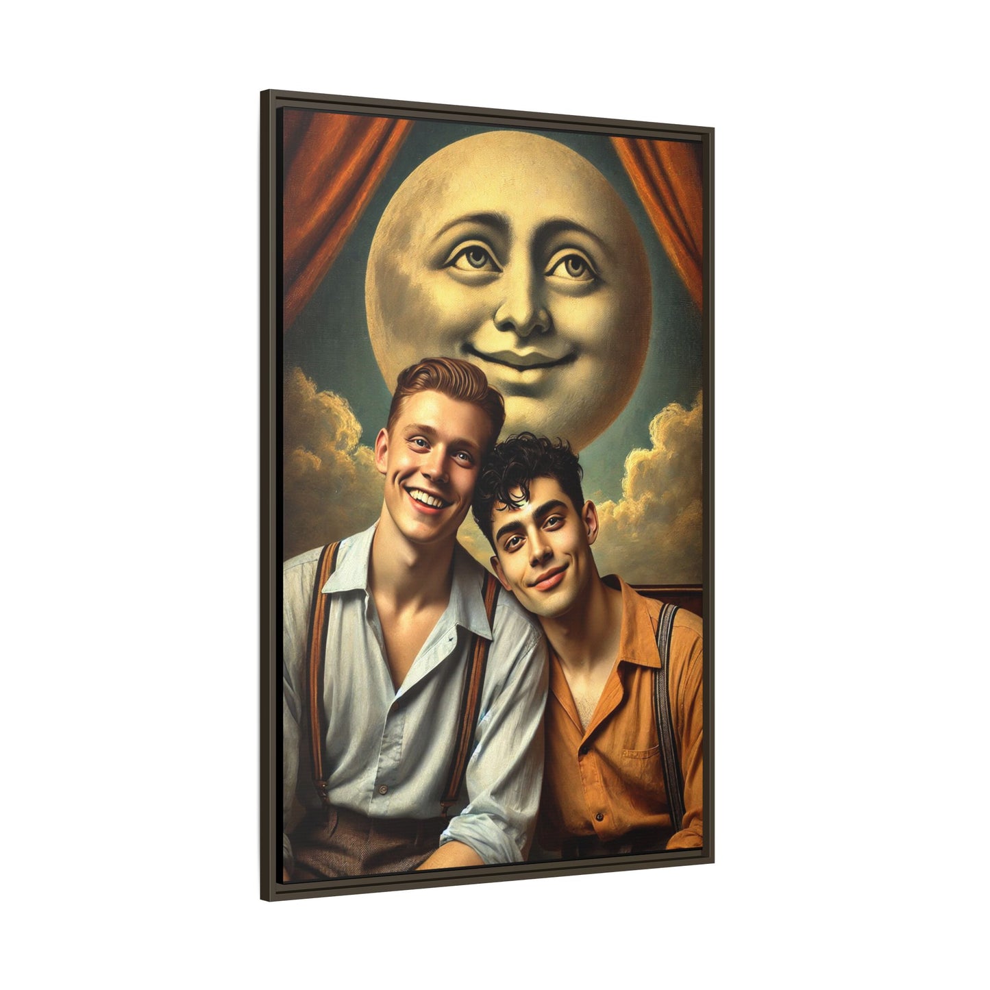 Framed artwork featuring a joyful queer couple in 1930s attire, seated close together beneath a smiling full moon in a theatrical studio setting. A celebration of reclaimed LGBTQ+ narratives in nostalgic portraiture.