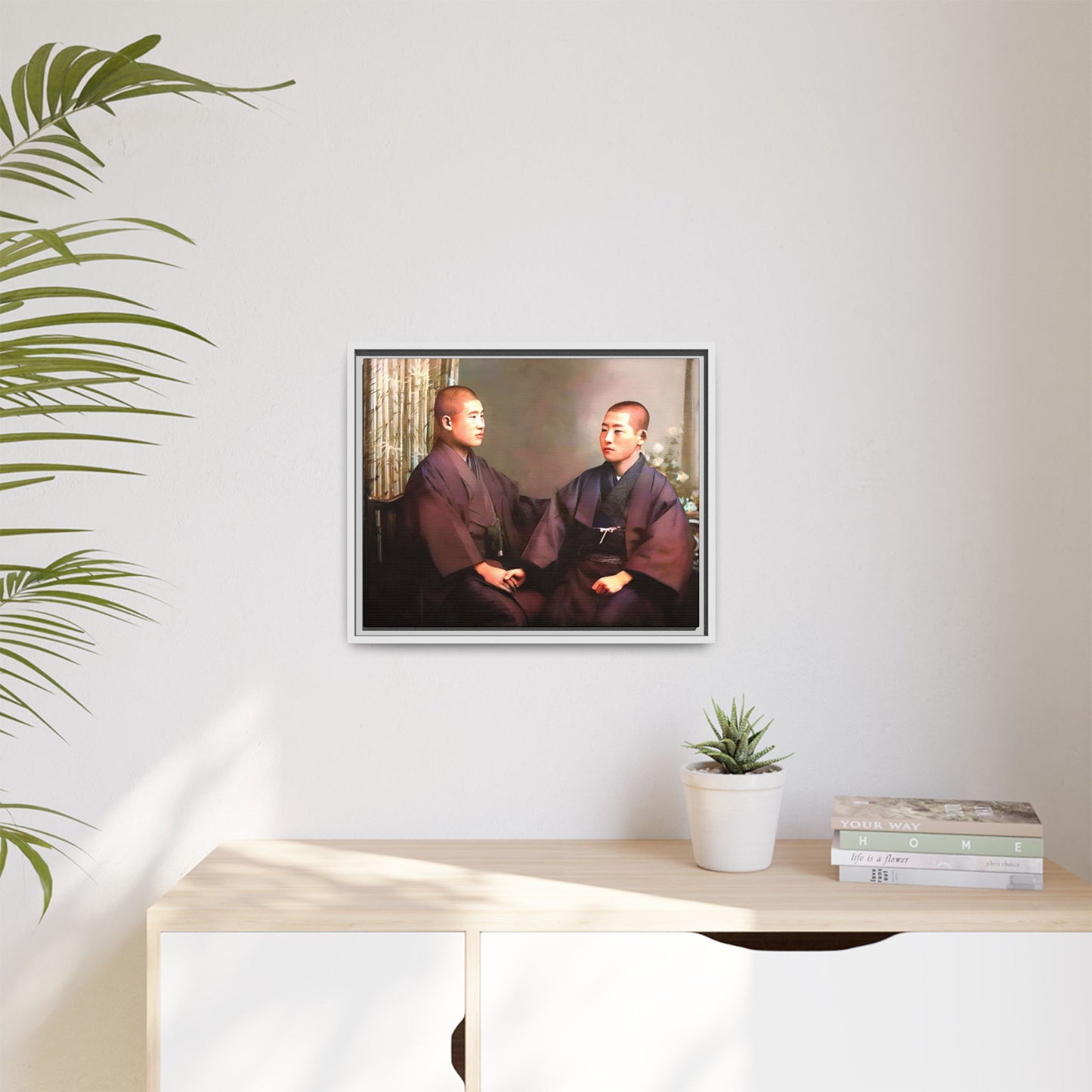 A vintage portrait of Hiroto & Atsushi in Kyoto, Japan. This framed matte canvas celebrates LGBTQ+ love, cultural heritage, and timeless elegance, making it a unique and meaningful art piece for collectors and history enthusiasts. Gay Couple