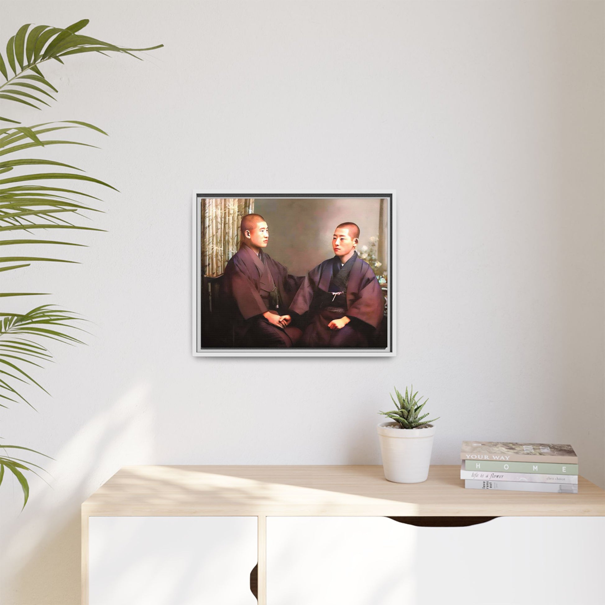 A vintage portrait of Hiroto & Atsushi in Kyoto, Japan. This framed matte canvas celebrates LGBTQ+ love, cultural heritage, and timeless elegance, making it a unique and meaningful art piece for collectors and history enthusiasts. Gay Couple