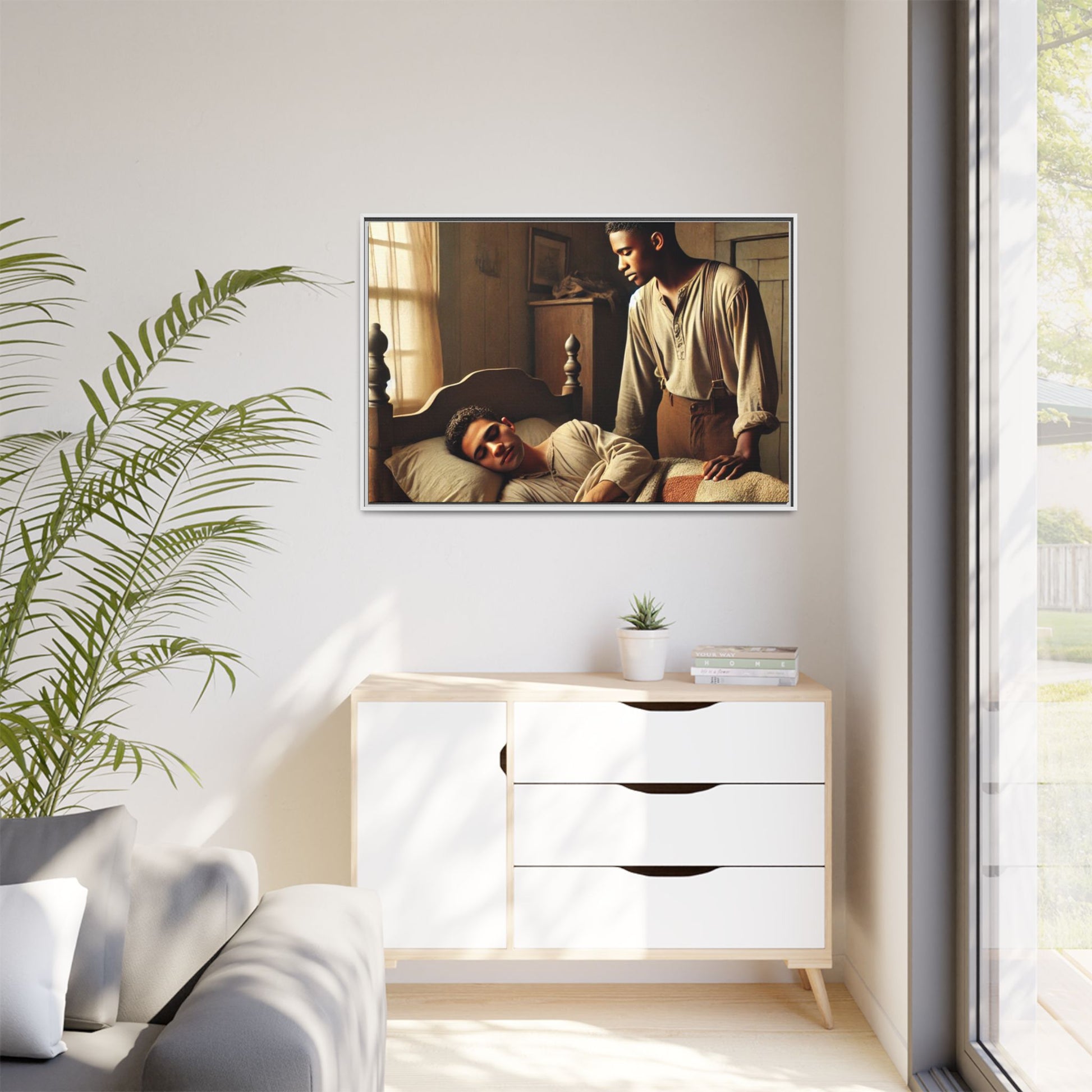 Grant 007 artwork depicting an African-American queer couple in a tender, intimate moment within a rustic bedroom. This scene, bathed in warm, nostalgic light, captures the love and quiet resilience of rural life, celebrating LGBTQ+ representation and African-American heritage.