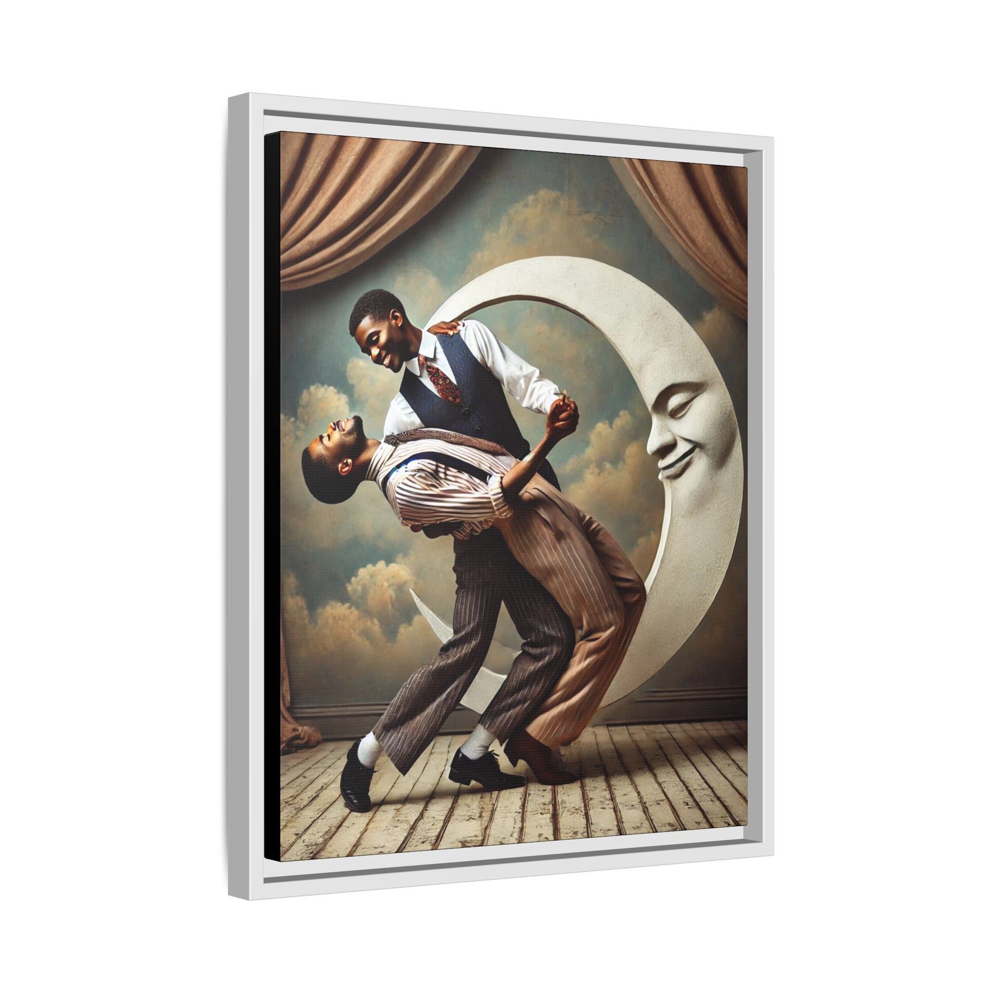 Framed artwork of two Black men in vintage suits dancing tenderly beneath a crescent moon with a smiling face. A romantic 1920s-inspired scene with velvet curtains and a painted sky backdrop. Part of a collection reclaiming lost queer Black history and art.