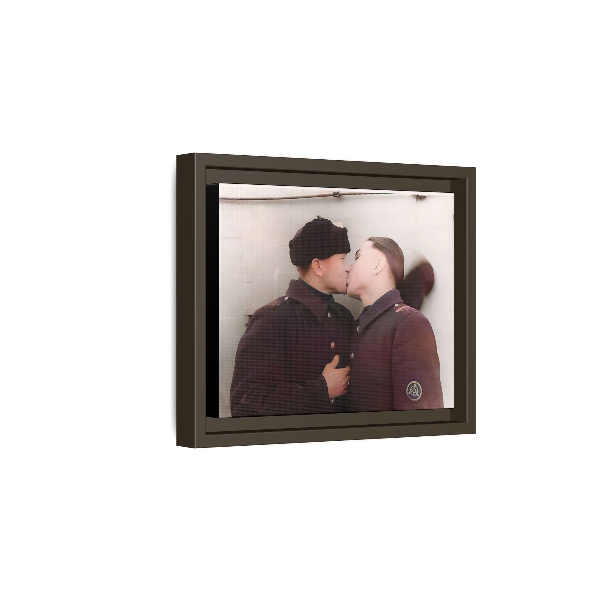 A restored vintage photograph of two Russian soldiers in uniform sharing an intimate moment at a military outpost in Surgut, Russia. Their embrace reflects resilience, love, and defiance against societal norms, making this a powerful tribute to LGBTQ+ history and wartime romance. Винтажное фото | гей-пара