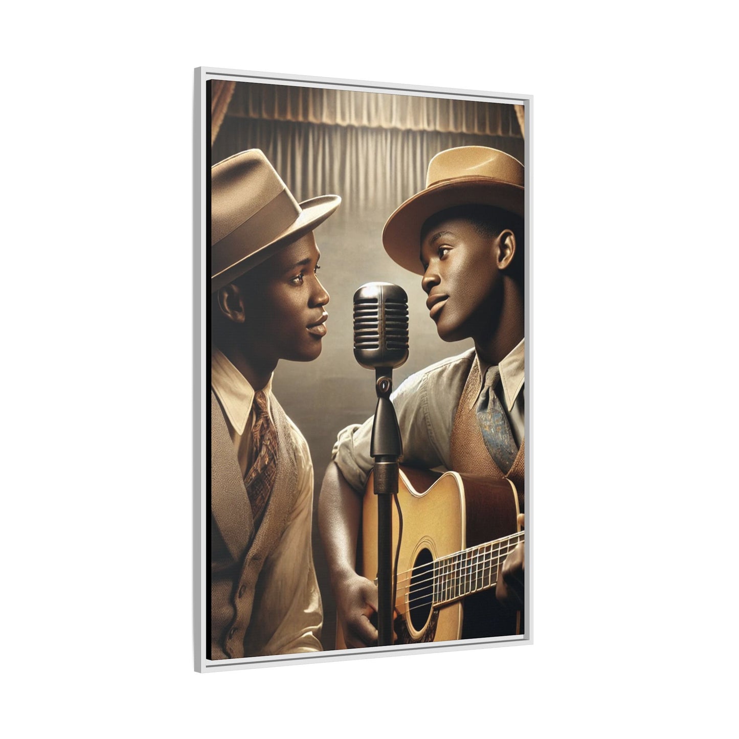 Artwork of an African-American gay couple recording a song in a 1930s-style studio. Dressed in vintage attire with fedoras and ties, they share a close, tender moment around a classic microphone, capturing love, music, and cultural heritage in a nostalgic setting