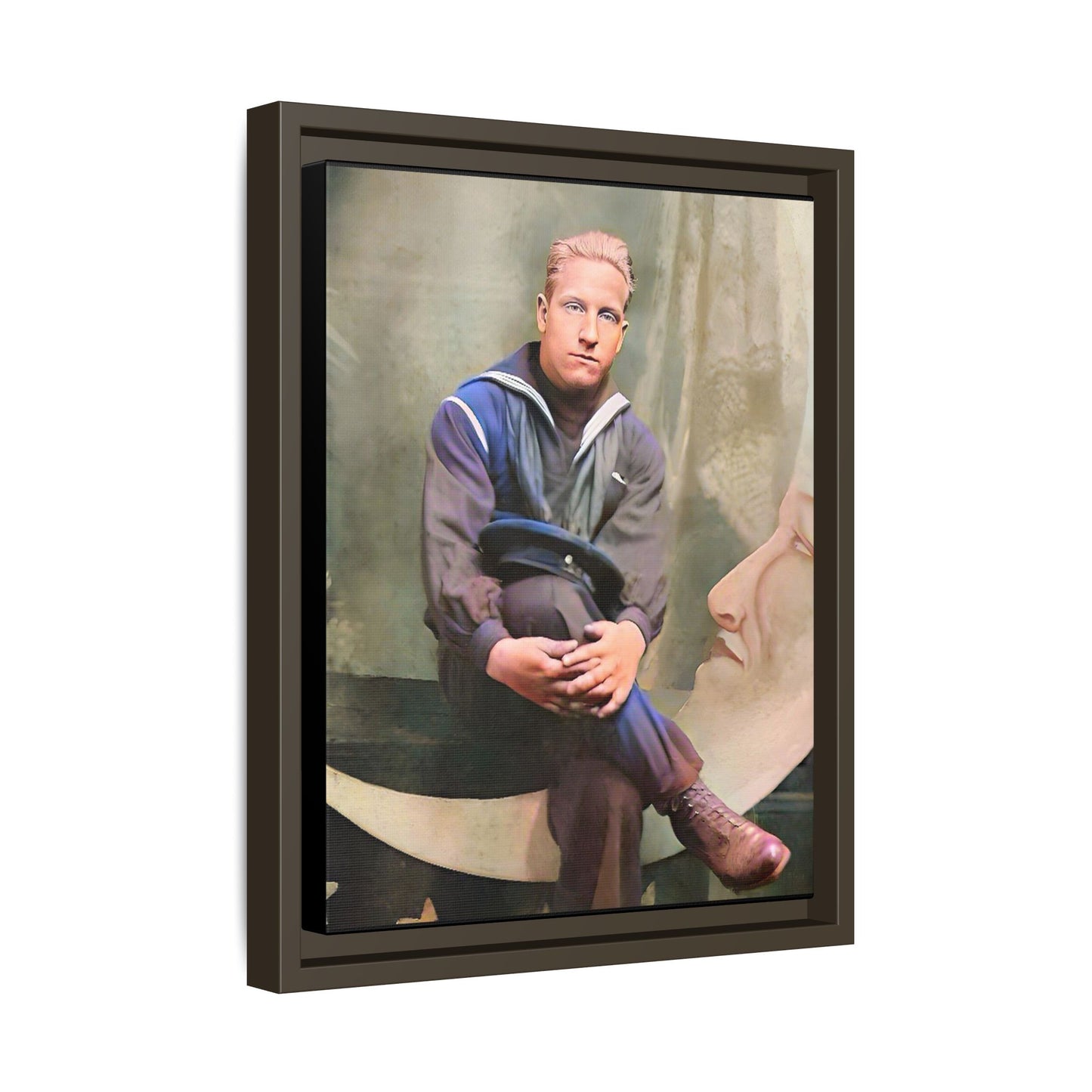 A vintage U.S. Navy sailor portrait featuring Jacob in uniform with a crescent moon backdrop. This framed matte canvas print is a timeless tribute to naval service, ideal for military history collectors, veterans, and nautical decor lovers. Art Deco Paper Moon Prop