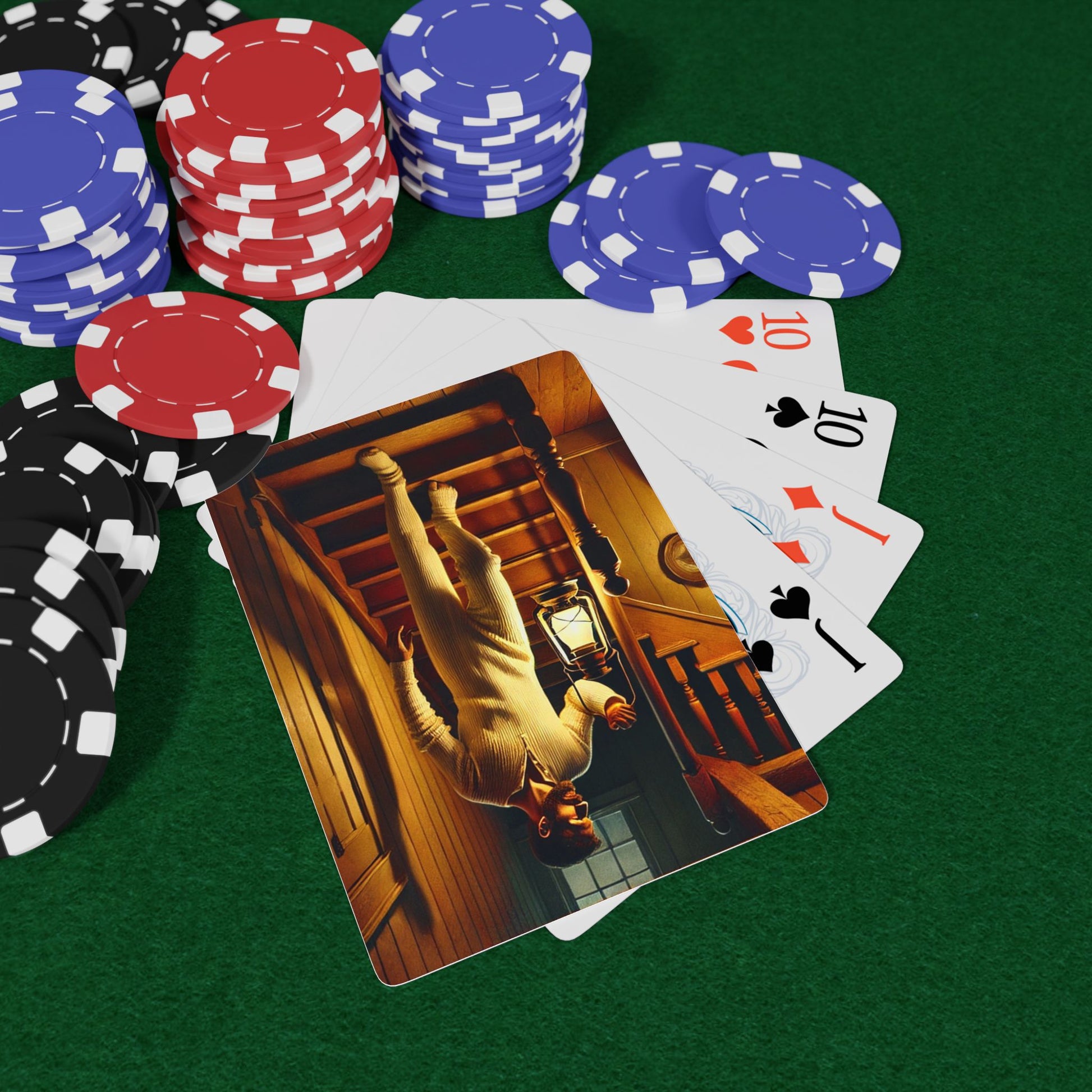 Vintage-inspired poker deck featuring a man in a union suit descending a wooden staircase, lantern in hand