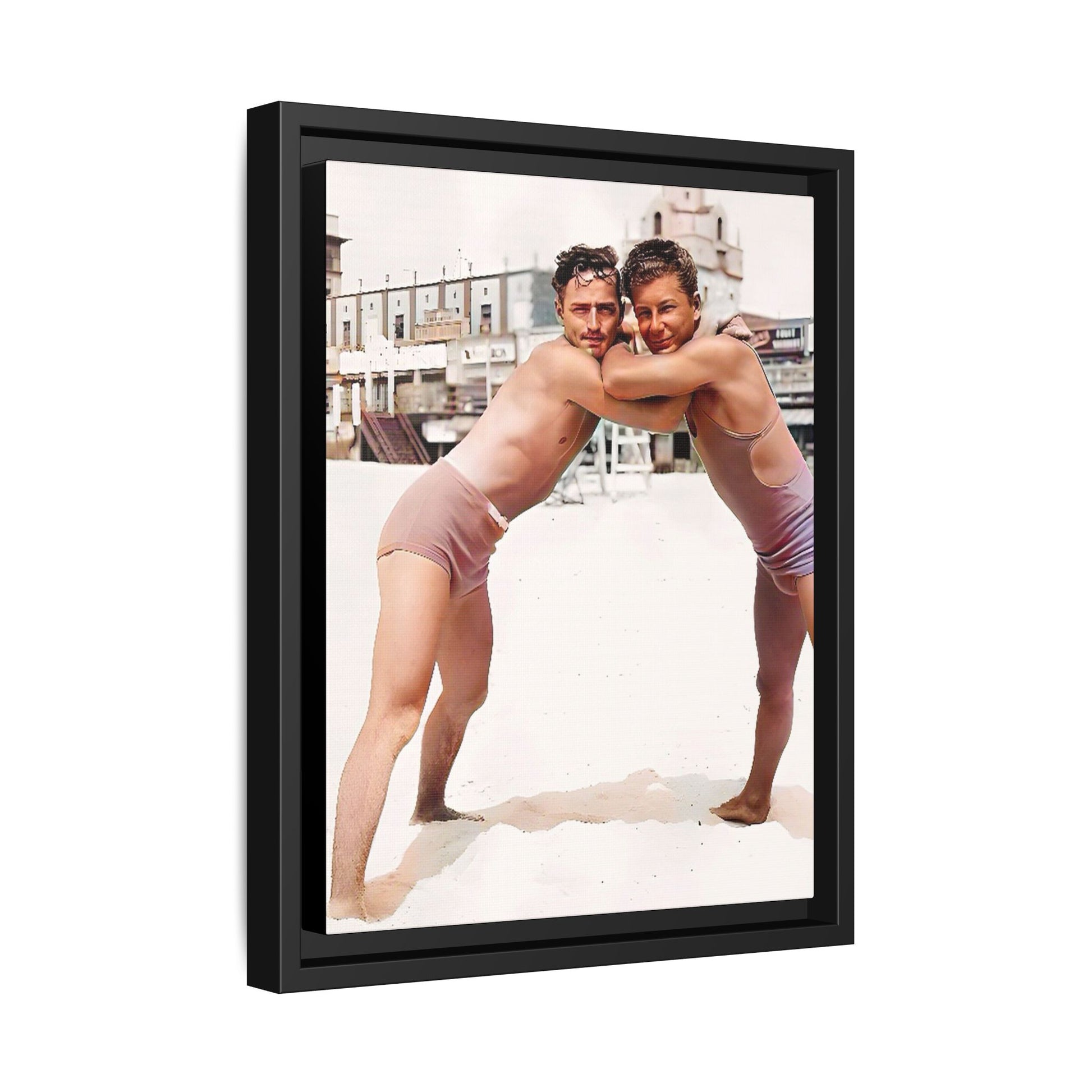 A vintage LGBTQ+ beach photo of Kenneth and Herman in Atlantic City, celebrating summer love and nostalgia. This restored and colorized canvas print captures the joy of seaside romance, making it a perfect addition to any vintage decor collection.
