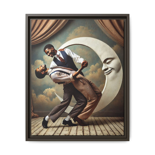 Framed artwork of two Black men in vintage suits dancing tenderly beneath a crescent moon with a smiling face. A romantic 1920s-inspired scene with velvet curtains and a painted sky backdrop. Part of a collection reclaiming lost queer Black history and art.