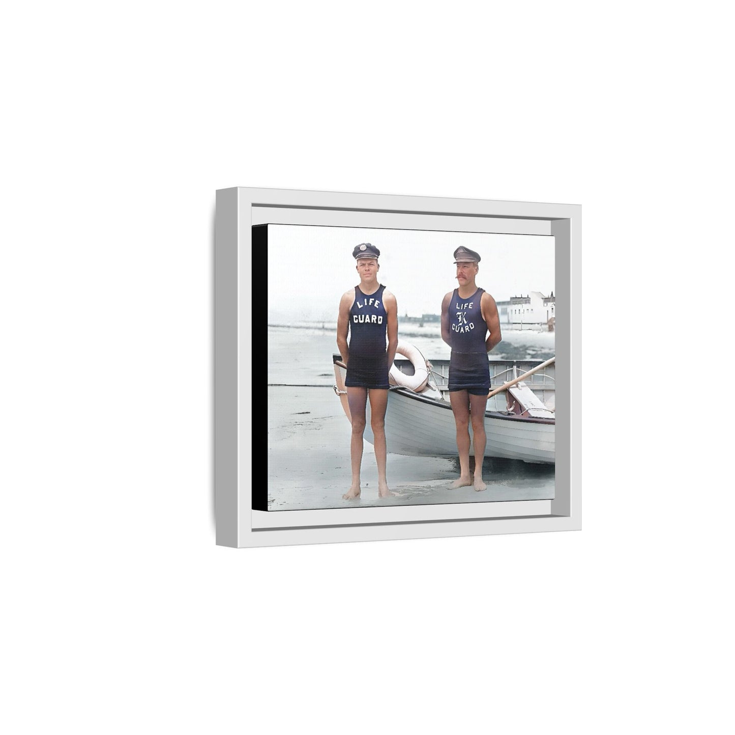 A nostalgic framed canvas print of vintage lifeguards in Cape May, NJ. This coastal artwork captures the charm of early 20th-century beach life, making it perfect for lovers of maritime history, seaside decor, and Americana enthusiasts.