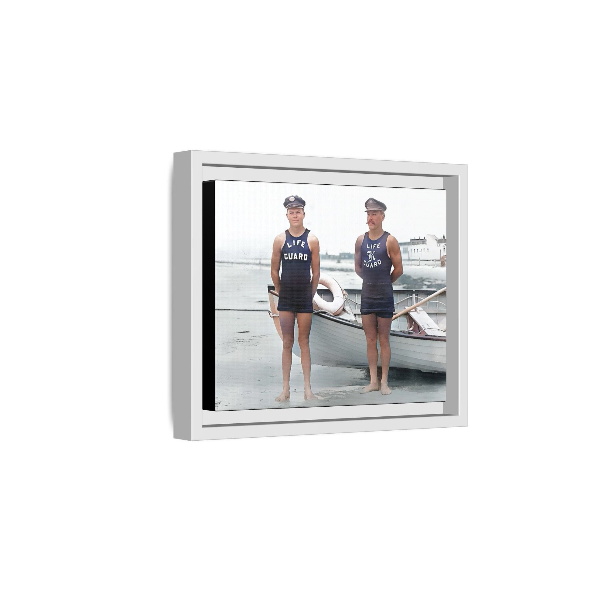 A nostalgic framed canvas print of vintage lifeguards in Cape May, NJ. This coastal artwork captures the charm of early 20th-century beach life, making it perfect for lovers of maritime history, seaside decor, and Americana enthusiasts.