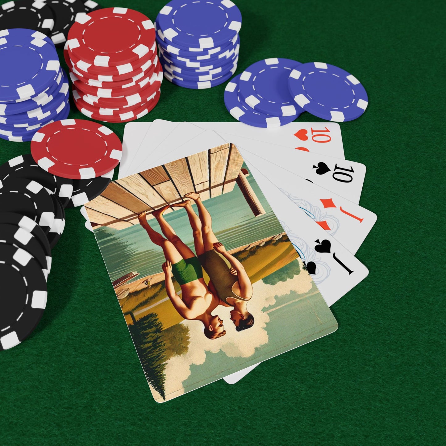 Vintage-inspired poker deck featuring two men in 1920s swimwear on a lakeside dock, capturing hidden queer romance.