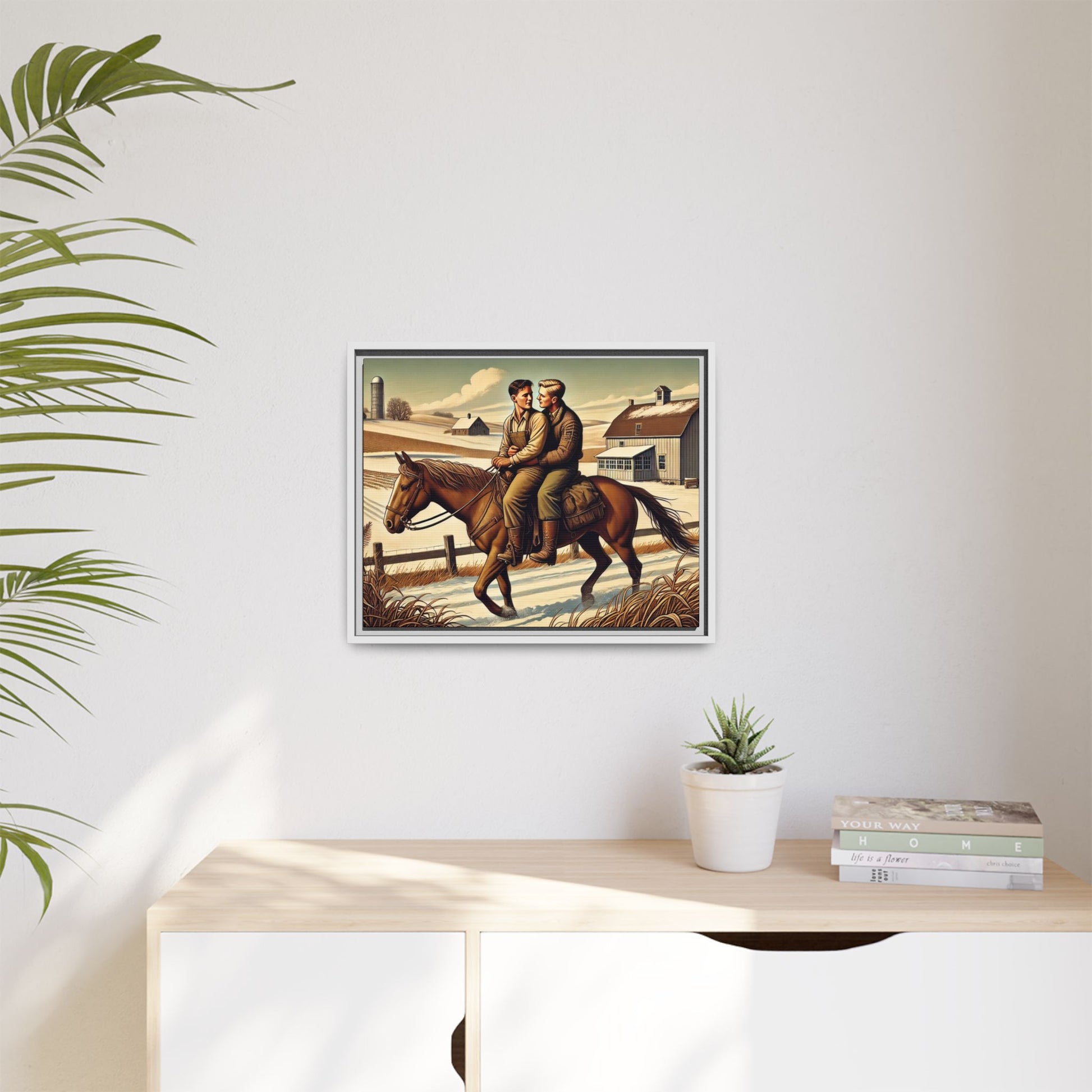 Artwork of a gay couple sharing a tender moment while seated together on a single horse in a snowy, rural Midwestern landscape. Dressed in early 20th-century attire, the men gaze at each other warmly, capturing love, resilience, and companionship in a serene 1930s-inspired American scene