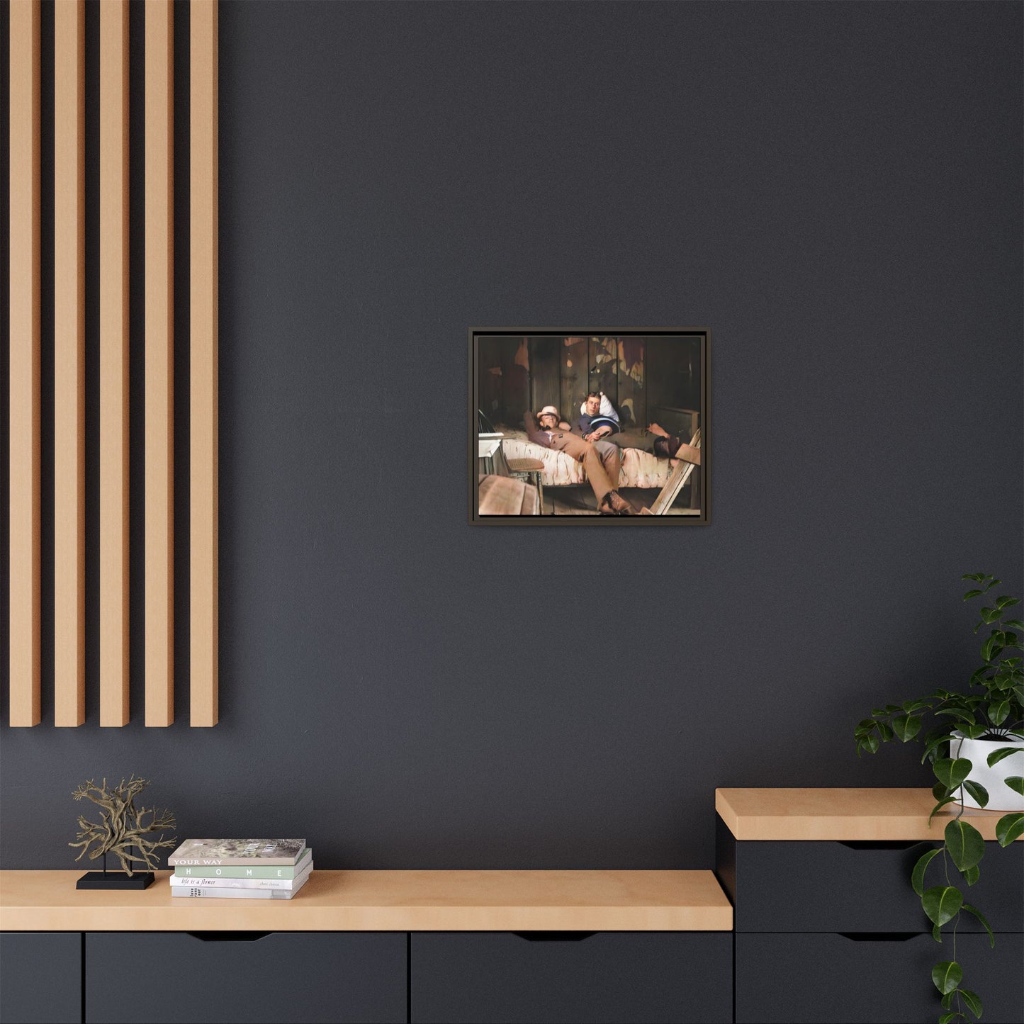 A vintage portrait of Henry & Joseph in a rustic Oregon cabin. This framed matte canvas captures LGBTQ+ history, love, and the beauty of a quiet, intimate moment, making it a timeless and meaningful addition to any collection or home. Gay Couple in bed.