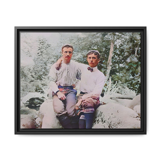 A framed vintage love portrait on matte canvas featuring Grover and Emil in Villamont, Virginia, capturing timeless LGBTQ+ connection and companionship. Gay Couple