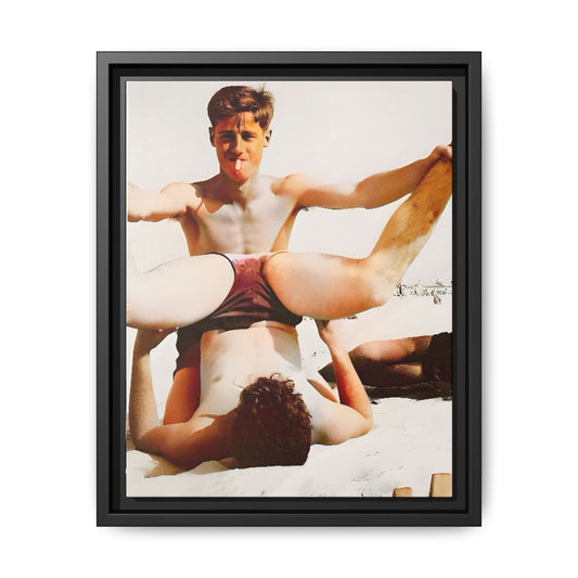 Restored mid-20th century photo of Mitch and Sam at 12th Street Beach, Miami, sharing a playful moment of love and joy, framed as wall décor.