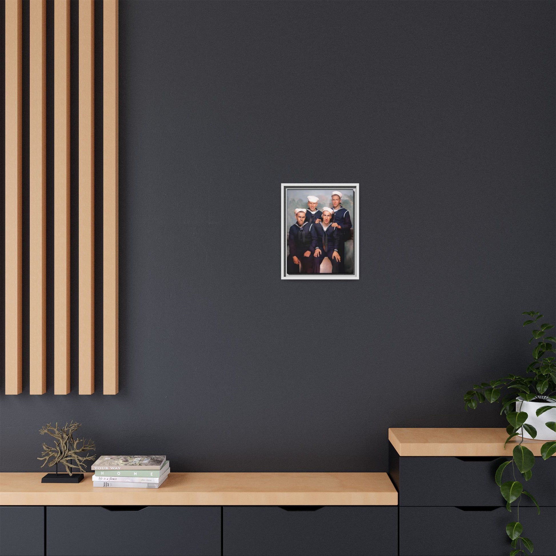 A framed vintage naval portrait on matte canvas featuring four sailors at Naval Station Great Lakes, capturing unity, service, and military pride.