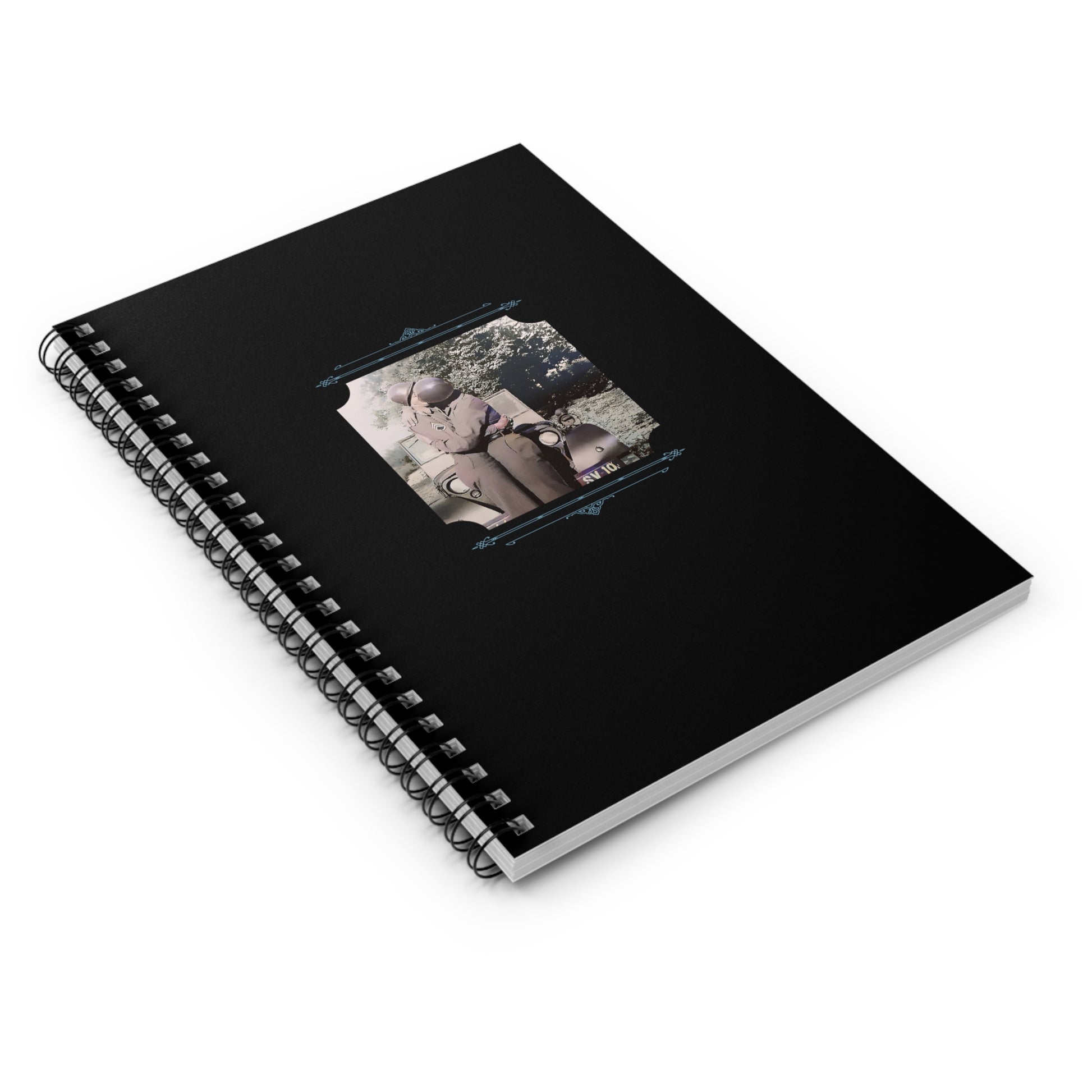 Colorized vintage photo of two WWII soldiers kissing beside a Army Jeep in full uniform, printed on a matte black notebook